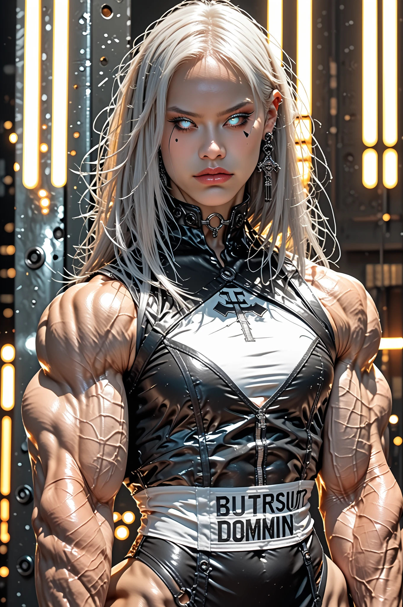 (1 female bodybuilder: 1.37),(cop), masterpiece, best quality, illustration, ultra-detailed, fine details, high resolution, 8k wallpaper, perfect dynamic composition, 1girl, beautiful detailed eyes, natural lips , mechanical body, high-tech special suit, average breasts: 1.25, lovely appearance: 1.3, white skin, fair skin, oily skin, shiny skin, skin texture, Caucasian, white hair, silver hair, side haircut, full body, full body, background extremely detailed city outskirts.