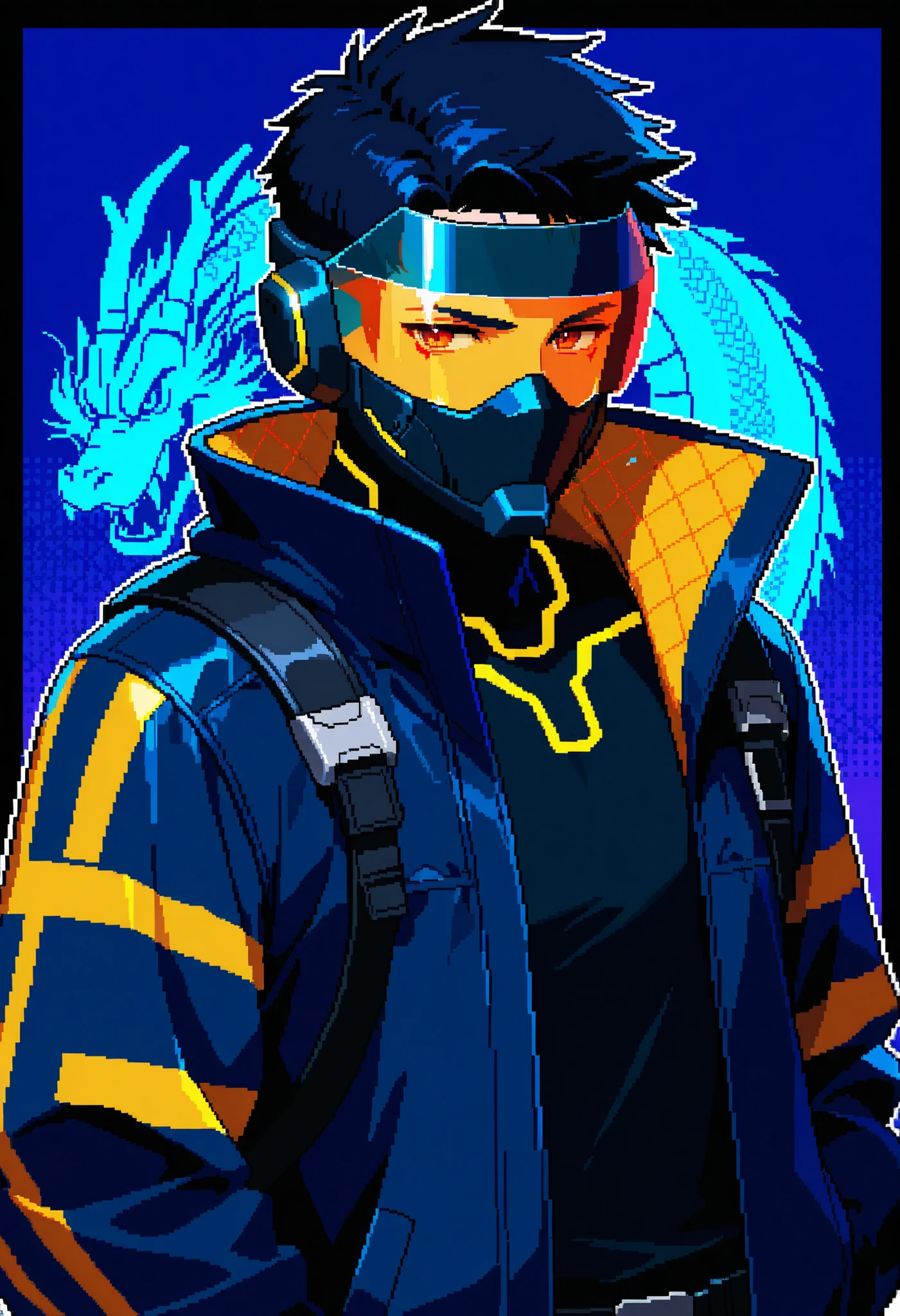 pixel art, digital oil pastel on canvas, animal, furry, upper body of a cyberpunk raven dressed in black techwear jacket, eye visor