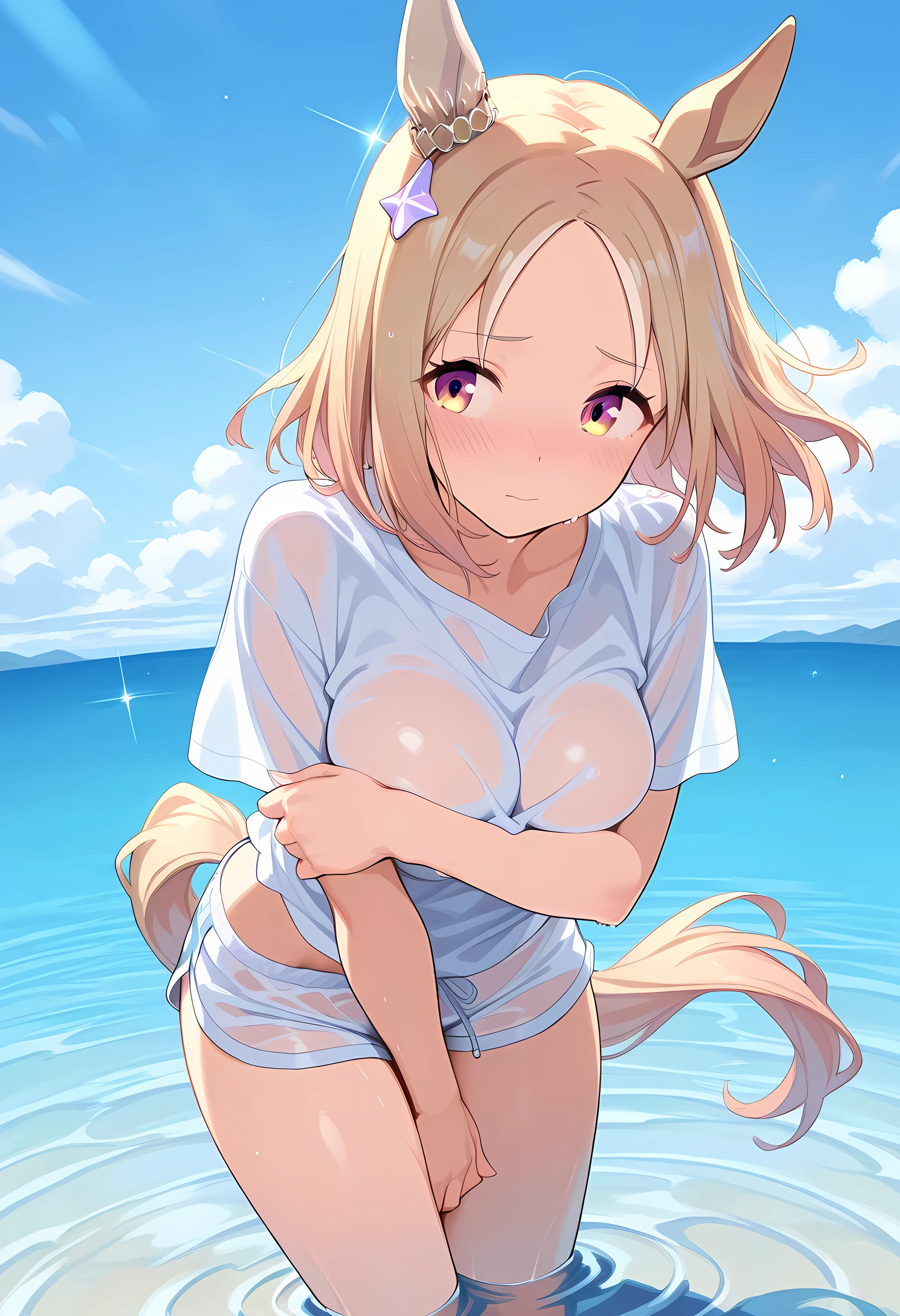 absurdres, (masterpiece, best quality), (ultra-detailed), extremely detailed,super high resolution, (Top Quality photorealistic Illustration), (Super Definition), (best quality,masterpiece:1.0),(cute illustration:1.3), (high Saturation:1.2), highres, ultra-detailed, 32k,8k resolution, intricate details, cinematic scene, detailed background, detailed background,nsfw,
strong light,
detailed beautiful face and eyes, very detailed background, (an extremely delicate and beautiful), (nice hands, perfect hands), (appropriate posture), (appropriate configuration), ideal ratio body proportions,
dynamic angle, from below, depth background, in the sandy beach, ocean, splashing, blue sky, windy, rim light, sunlight, beautiful lighting, widely,
(girly running:1.3), ((looking up at viewer)), ((looking up)),
((1girl, solo, izumi sagiri, (eromanga sensei)), izumi_sagiri_eromangasensei,very cute and beautiful girl,(highly detailed beautiful face),(twinkle smile), (full-face blush), (shy),open mouth, (very flat chest1.6), belly button grey_hair, long_hair, bow, hair_bow, pink_bow, blue_eyes, bangs, floating hair, barefoot, (very small white side tie panties:1.6),
(show off nipples:1.6), (exposing bare breasts:1.3), (exposed chest:1.3), (no bra:1.3), (open shirt:1.6), (exact number of nipples:1.6),