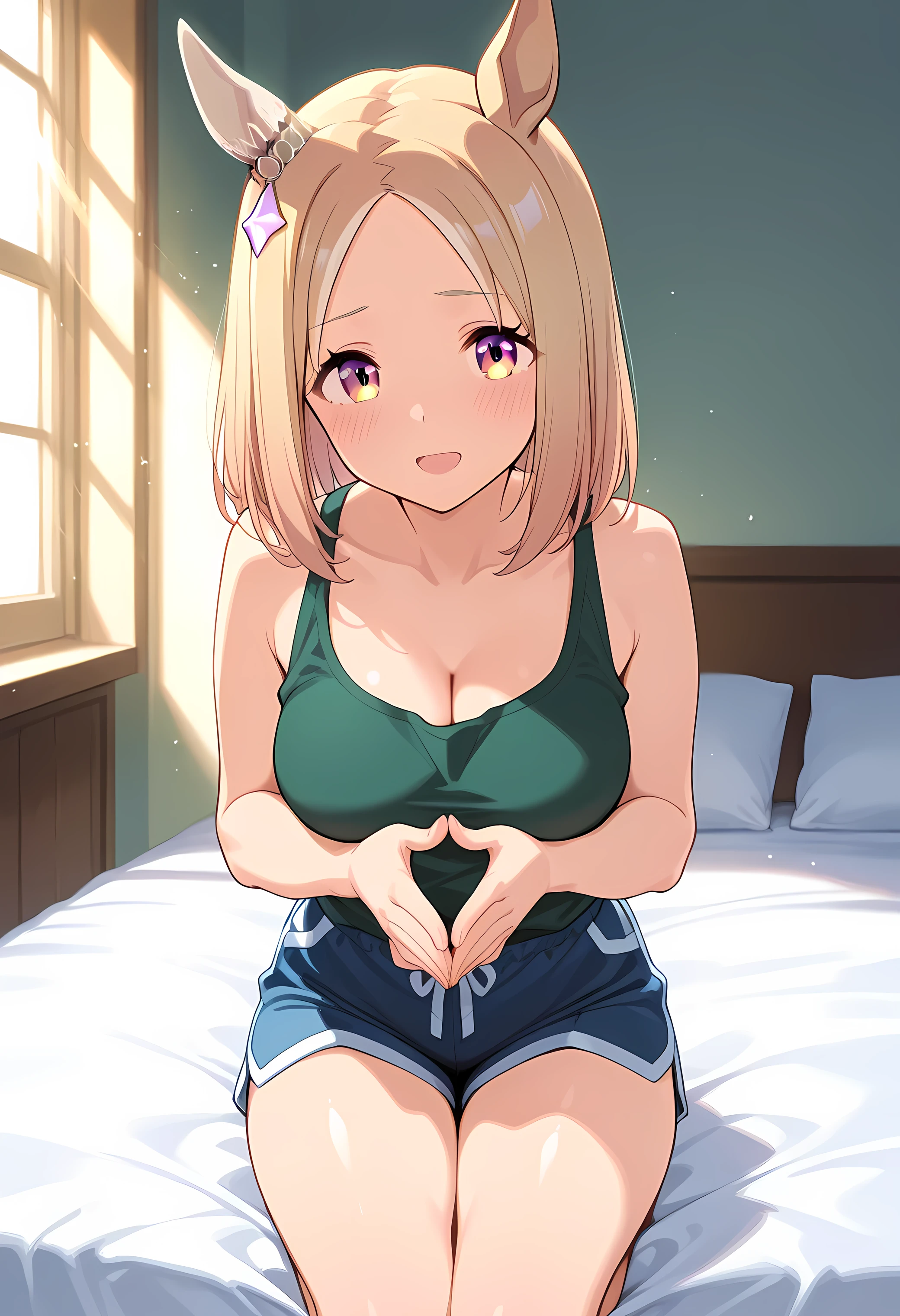 narita top road \(umamusume\),(((masterpiece))),(((detailed)))((best quality)),((hyper detailed)),(beautiful),((shinythighs)),(((shiny skin))),(high quality skin),((8k)),((high resolution)),fidgeting,fingers together,kneeling on bed,spread legs, light smile and blush,embarrassed,open mouth,dark green color tank top and deep blue color dolfhin shorts,white color bed,room,loaded interiornatural lighting, sunlight, sunbeams, morning light, bright light, direct light, god rays, light sparkles,eye level shot,from front,close-up,cowboy shot,looking at viewer,anime girl,anime girl, solo,