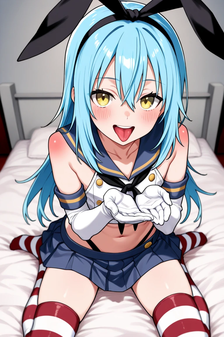 1girl, light blue hair, long hair, yellow eyes,natural hair, medium breast, nipple, topless, sex, woman on top, cowgirl position, pussy, blushing face, pov sex, pov, bedroom, open legs, bunny girl, cum, showing her armpit, satisfied face 