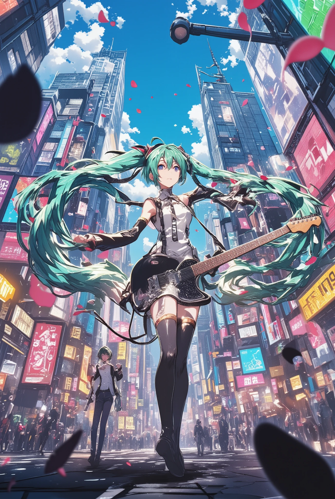 ( masterpiece、 Highest Quality、 Highest Quality、Official Art、 beautiful beautiful :1.2) Hatsune Miku、LIGHT GREEN TWIN TAILS, beautiful breasts, A girl is singing around the city, the sound of music is playing in the background,playing the guitar in a corner of New York , masterpiece, Highest Quality, high resolution, 8k,realistic, photorealistic: 1.3,((A town woven with note, City pop music)),poster style with a cool pop design,character illustration,note, skyscraper,note and melodies flowing through the city, A dream city made of music , 街の輝くネオン light on the sideと音が融合する, petals:1.9, ((note:1.9)), light on the side:1.9 and color:1.9, Wide Angle Lens