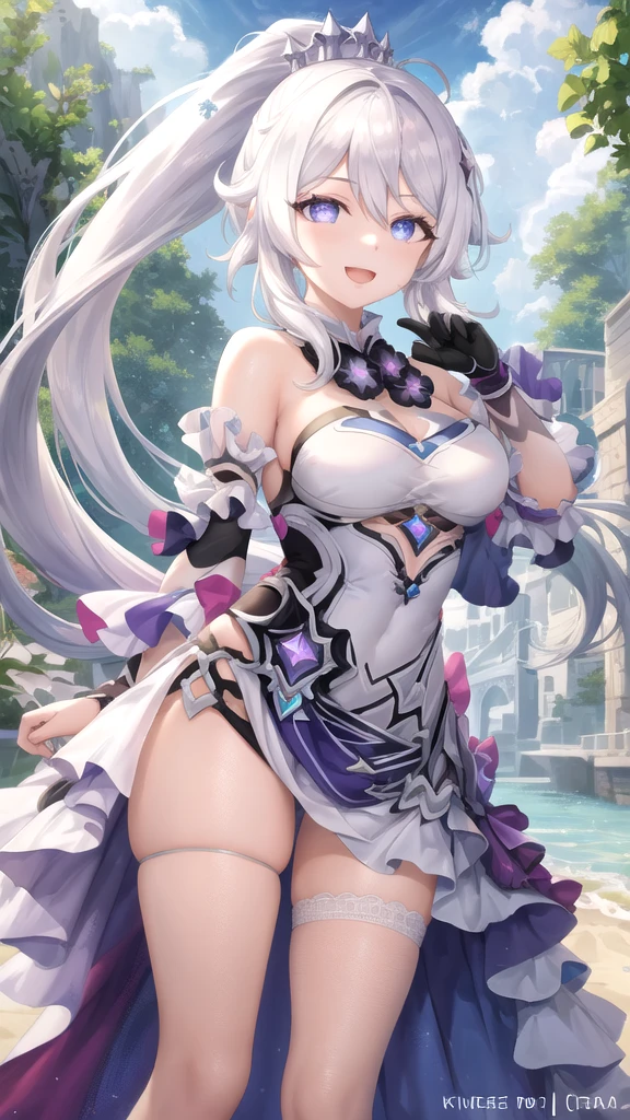 1girl, solo, summer, village, trees, sun, clouds, fantasy, ((colorful hair)), ponytail, big full breasts, Black suspender top , Black skirt, pantiess, Open breasts, blue eyes, grin, looking at the viewer, standing, hair ribbon, golden necklate