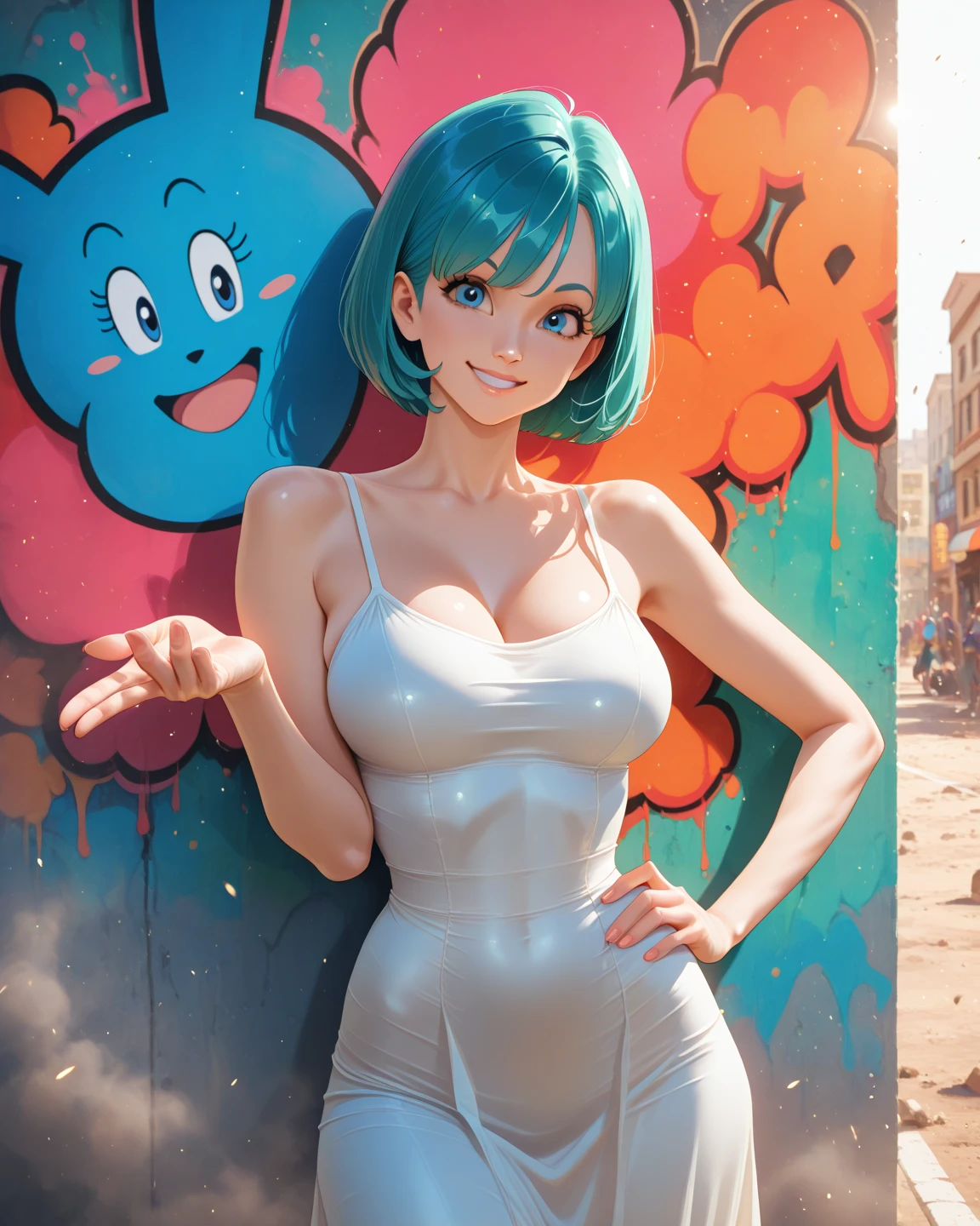 Beautiful woman white skin character Bulma from Dragon ball soft skin shiny skin detailed eyes smiling ultra large breasts while grabbing them with her arms marked curves wide thighs while having a dragon ball on her ultra large breasts with a bra and a blue thong short blue hair with an orange sphere and with a star with the sphere above her huge breasts with huge and sexy hips While she is resting her breasts on a table and is citing her bra