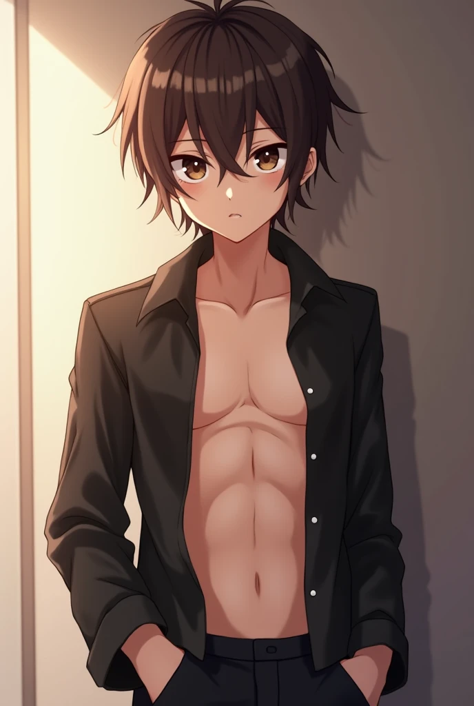 masterpiece, Highest quality, 19 old a boy, gay anime hentai, tall, no underwear, bedroom alone, sexy pose, blushing and smile face, Upper body naked, Brown Hair, black eyes, leather shorts, want sex, prostitute boy, full body, crotch emphasis,