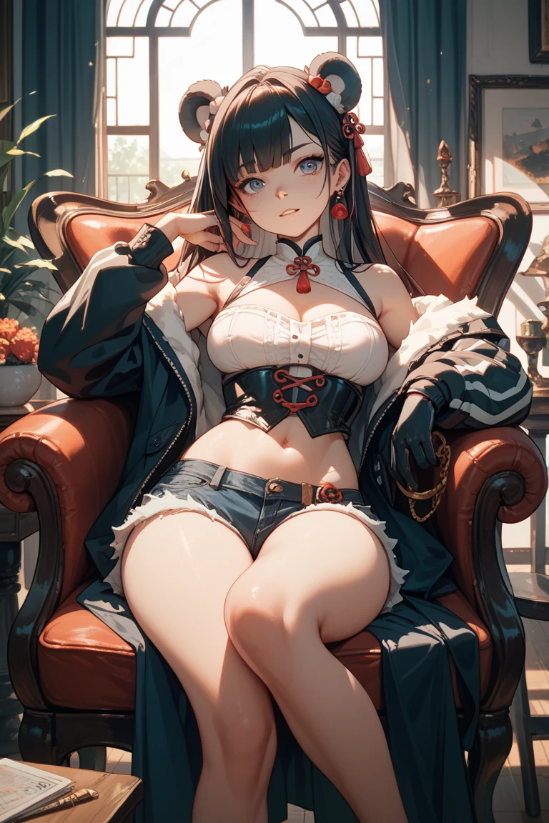 an anime is wearing a black lace shirt and a white thong, 1girl, breasts, solo, large breasts, black hair, navel, thighhighs, looking at viewer, purple eyes, bare shoulders, long hair, plant, blush, jewelry, window, stomach, ponytail, clothes lift, parted lips, earrings, sitting, shirt lift, bangs, indoors, thighs, white thighhighs