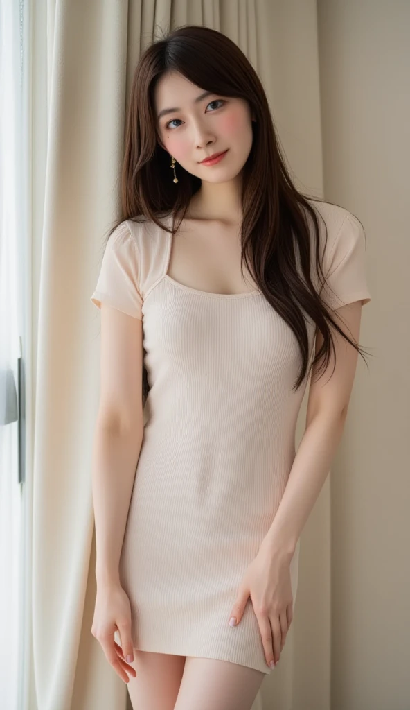 (best quality, 8k, detailed facial depiction, detailed eye description, brown hair (long wavy hair), beautiful Korean girl, 21 years old, slim body, medium chest size, standing right leg in front, smiling face, wearing modern clothes.) After finishing her shower, Seo-Yeon stepped out of the shower confidently. She put on comfortable pajamas, walked out of the bathroom with wet hair, and a face glowing with a rosy tint.