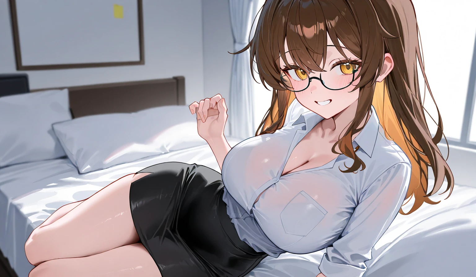 shirt,White Shirt,Large upturned collar,wife,Glasses,Cleavh,Sweaty body,Ahegao,Spread your legs wide on the bed,orgsum,Squint your eyes,Cock goes intssy,tears,Droolate Night,