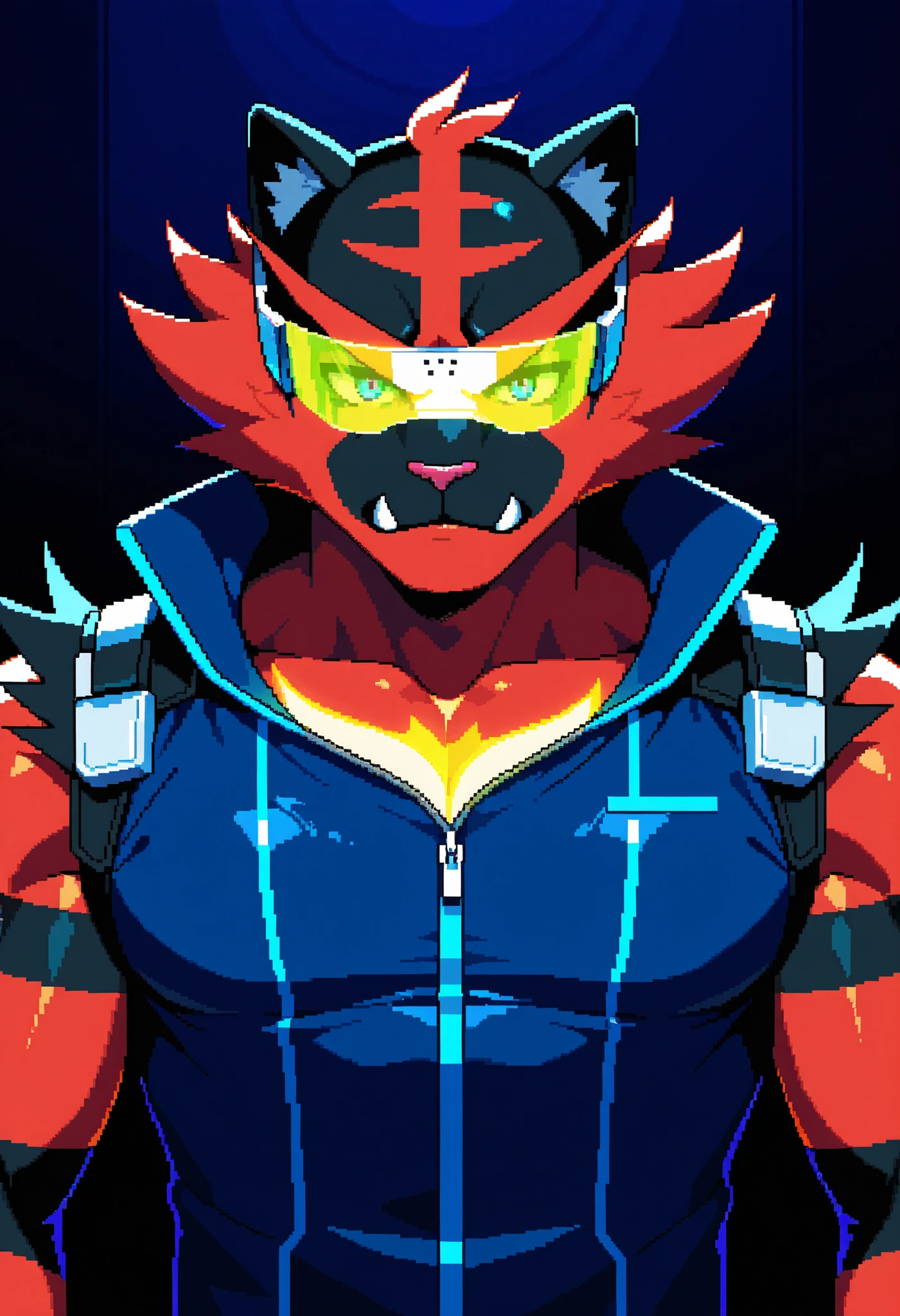 pixel art, digital oil pastel on canvas, animal, furry, upper body of a cyberpunk raven dressed in black techwear jacket, eye visor