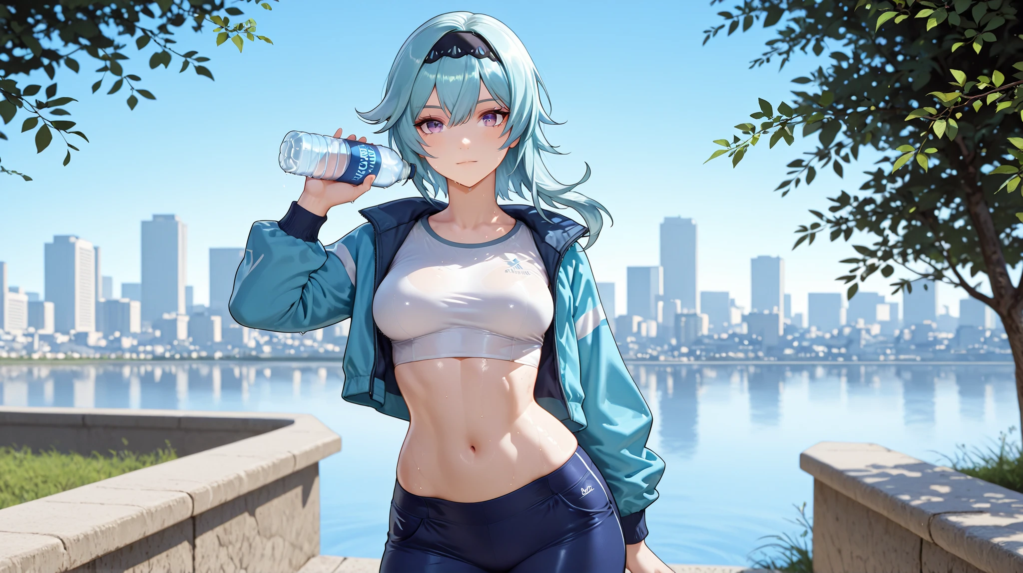  eula (genshin impact) a beautiful young woman in a blue outfit holding a blue water bottle, posing confidently by a lake with a city skyline in the background. the image also shows a serene outdoor setting with a clear blue sky and green trees. on the middle of the image, A photo shoot from a side camera angle about, a 20-year-old asian woman with  blue hair, wearing a blue crop top and matching blue pants, is standing with her back to the viewer, looking over her shoulder with a confident expression. she appears to be in her early twenties, with a slim body and a light skin tone. her hair is styled in a long hair style, and she are looking directly at the viewer. she has a small nose and a small mouth. she is holding a water bottle in her right hand, and her left hand is raised, as if she is about to drink from it. her outfit is a cropped blue jacket with the words "sweat" and "love fitness" written on it, along with a white crop top that shows off her midriff and a pair of blue pants with utility pockets. 1girl, solo, unrivaled beauty, hair between eyes, taut clothes, medium hair, purple eyes, fit female, aqua hair, curvy, shiny skin, medium breasts,  skin tight, fullbody, natural light,(HD eyes:1.4), light blush