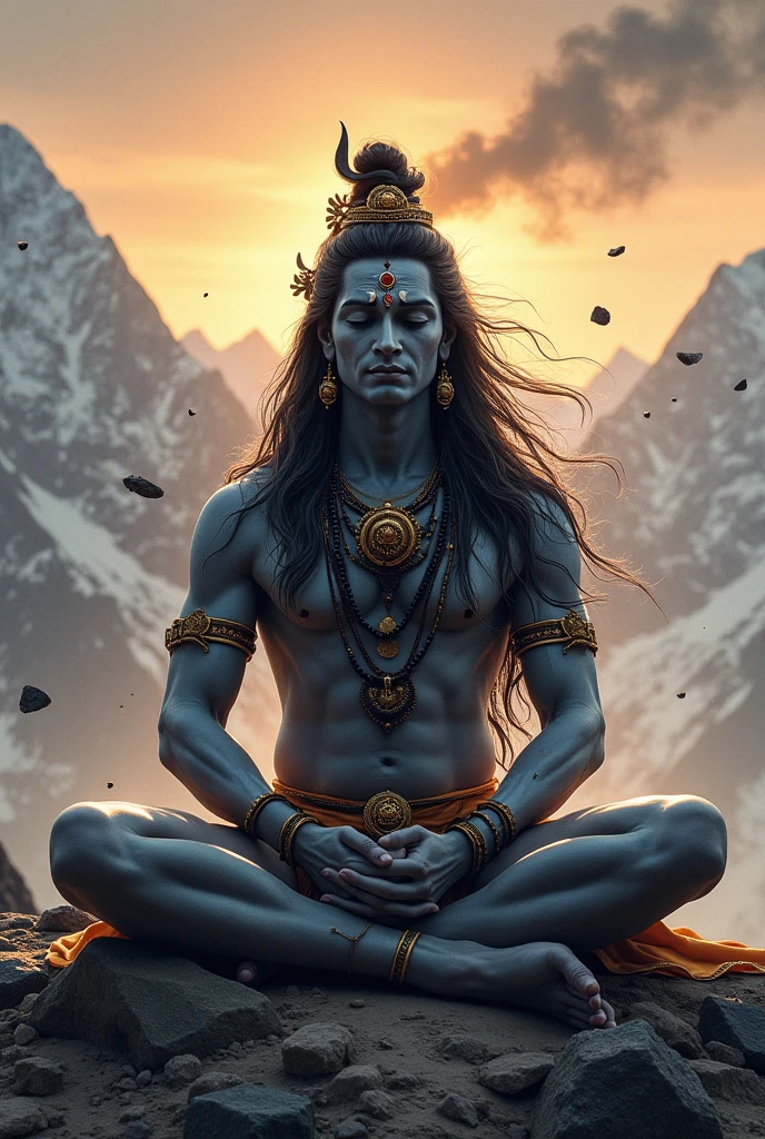 Photorealistic Image Lord Shiva meditating with hair floating in air, calm face, in another dimension