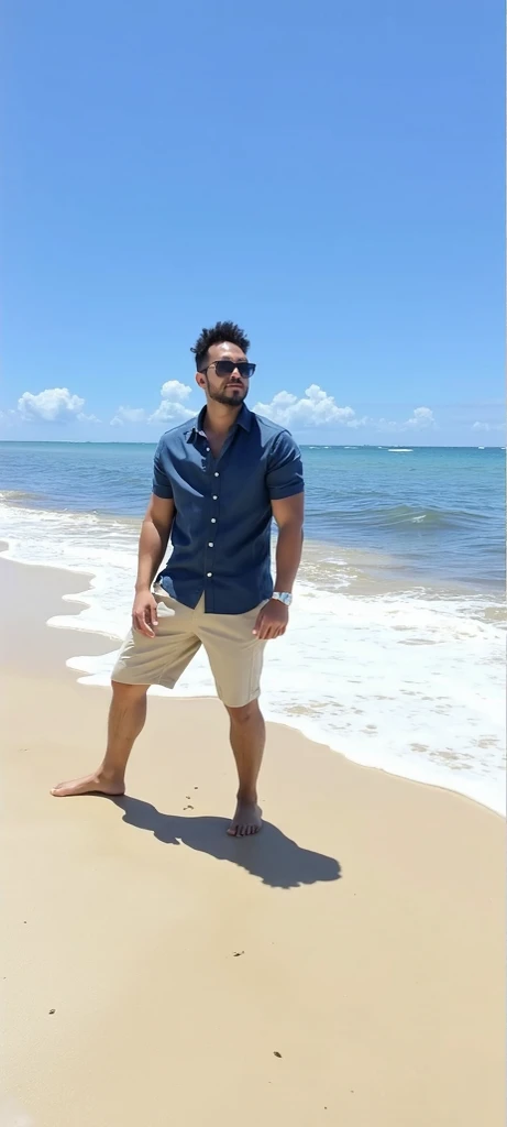 Create an image of a 38-year-old man with a beard and a lot of chest hair. He is wearing sunglasses. The man should have a confident and relaxed expression. The scene is a sunny beach with clear blue skies, soft white sand, and gentle waves in the background. The man is standing near the shoreline with the ocean behind him. He is dressed in casual beach attire, such as swim trunks and flip-flops. The image should be of the highest quality, with textured skin and realistic details.