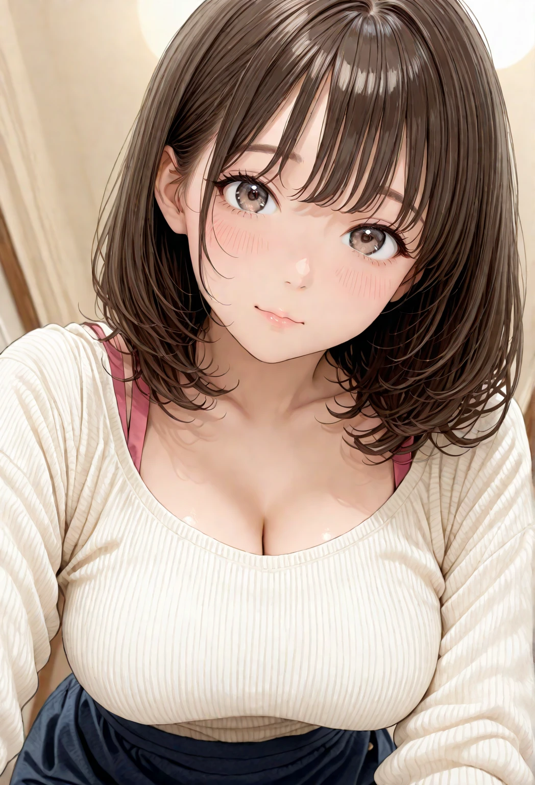 (muste piece: 1.3), (maximum resolution: 1.2), (ultra high definition tv: 1.2), cinema light,ticker, 8K resolution,, perfect style, pretty face, correct, anatomically correct, Highly detailed face and skin texture、black hair medium long、blush smile、earrings and necklace、open your mouth、white long sweatshirt、very big breasts、Bedroom at home、Bright sunshine、Hot Denim Pants、Leaning forward、(Beige lace pattern bra)、on the bed