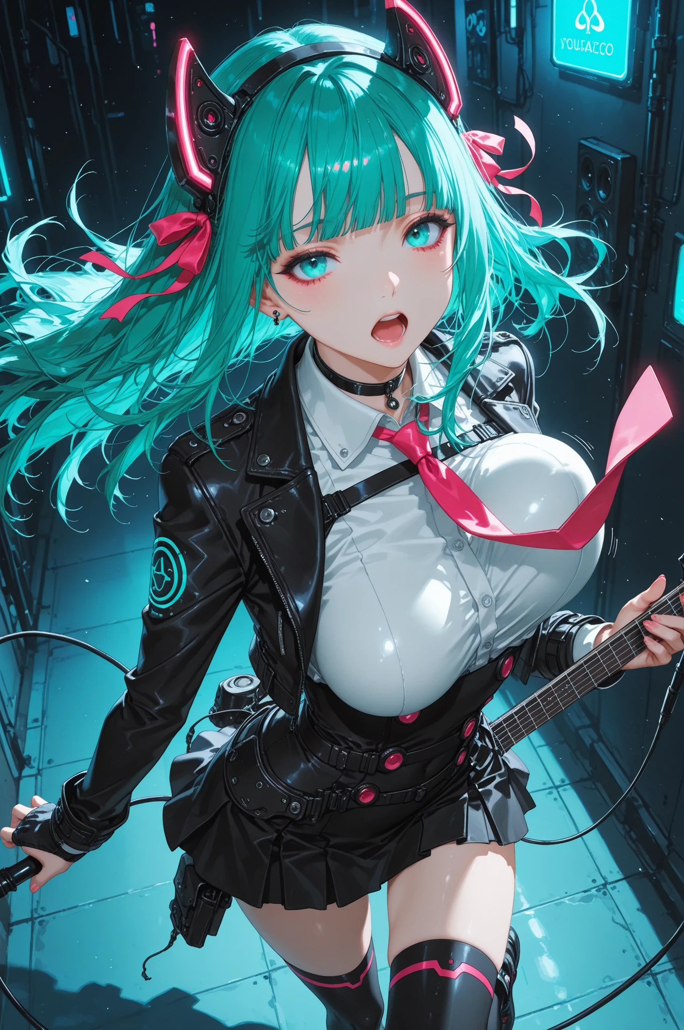masterpiece, best quality,  1girl,  solo, long hair, twin tails, hair buns, multicolored hair,two-tone hair, white hair, green hair, black hair,bangs,  makeup, black lips, lipstick, mascara, eyeshadow,  cross necklace, hair bow, front bow,  lace jacket, sexy, lace gloves, fishnets, black leggings, gothic attire, dynamic angle, side lighting, shiny skin, detailed eyes, detailed face, water flowing, wind swept hair, glitter ,