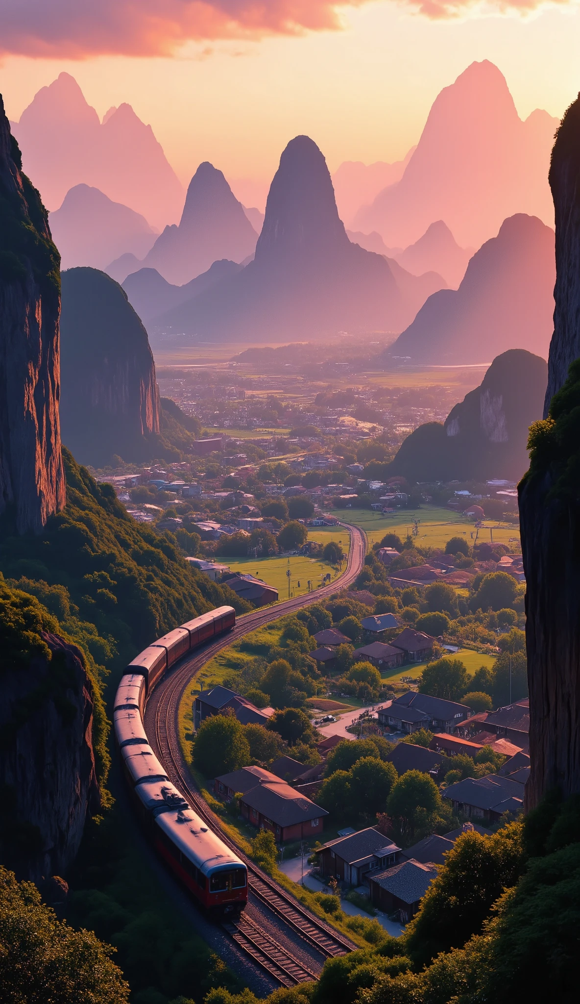ultra high resolution),(World Heritage Site with the best views),8k,colors of the sunrise and trains、There are a number of rocky mountains that rise like white limestone towers behind the countryside、Guilin、（View from the countryside）、The rural landscape is amazing,,It feels like art。