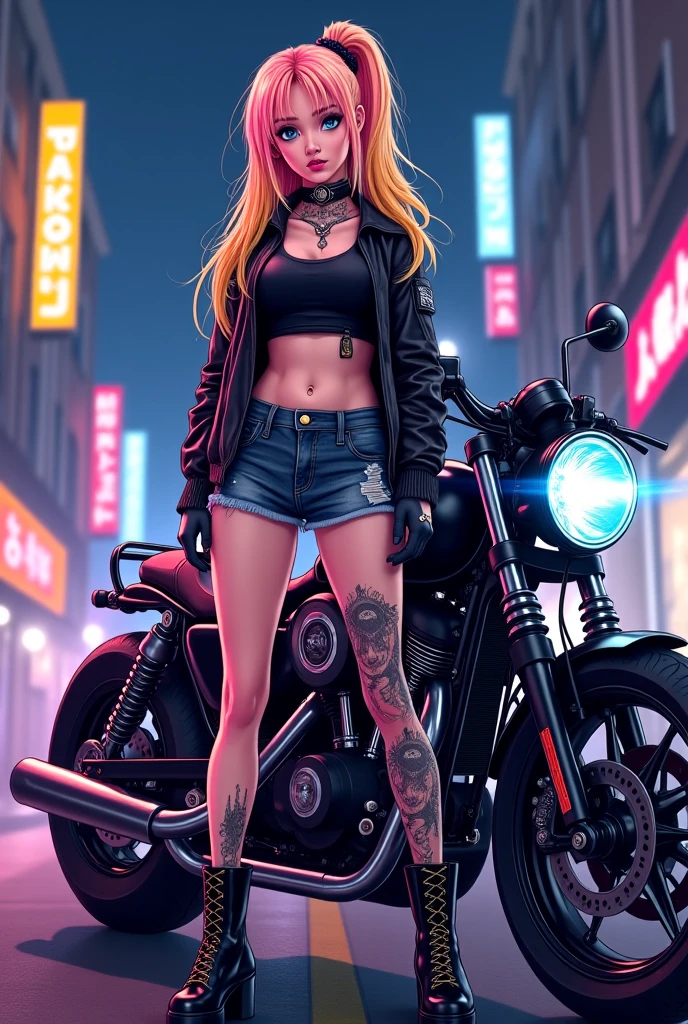 Mean Girl, a mean girl, (Hipster bad pin-up girl with shorts:1.2), chopper bike, chilling, neon punk city background, 8k, concept art, by Greg Rutkowski, (perfect anatomy:1.5) , high contrast, digital, clear focus, cinematic, intricate details, darkly comedic,
