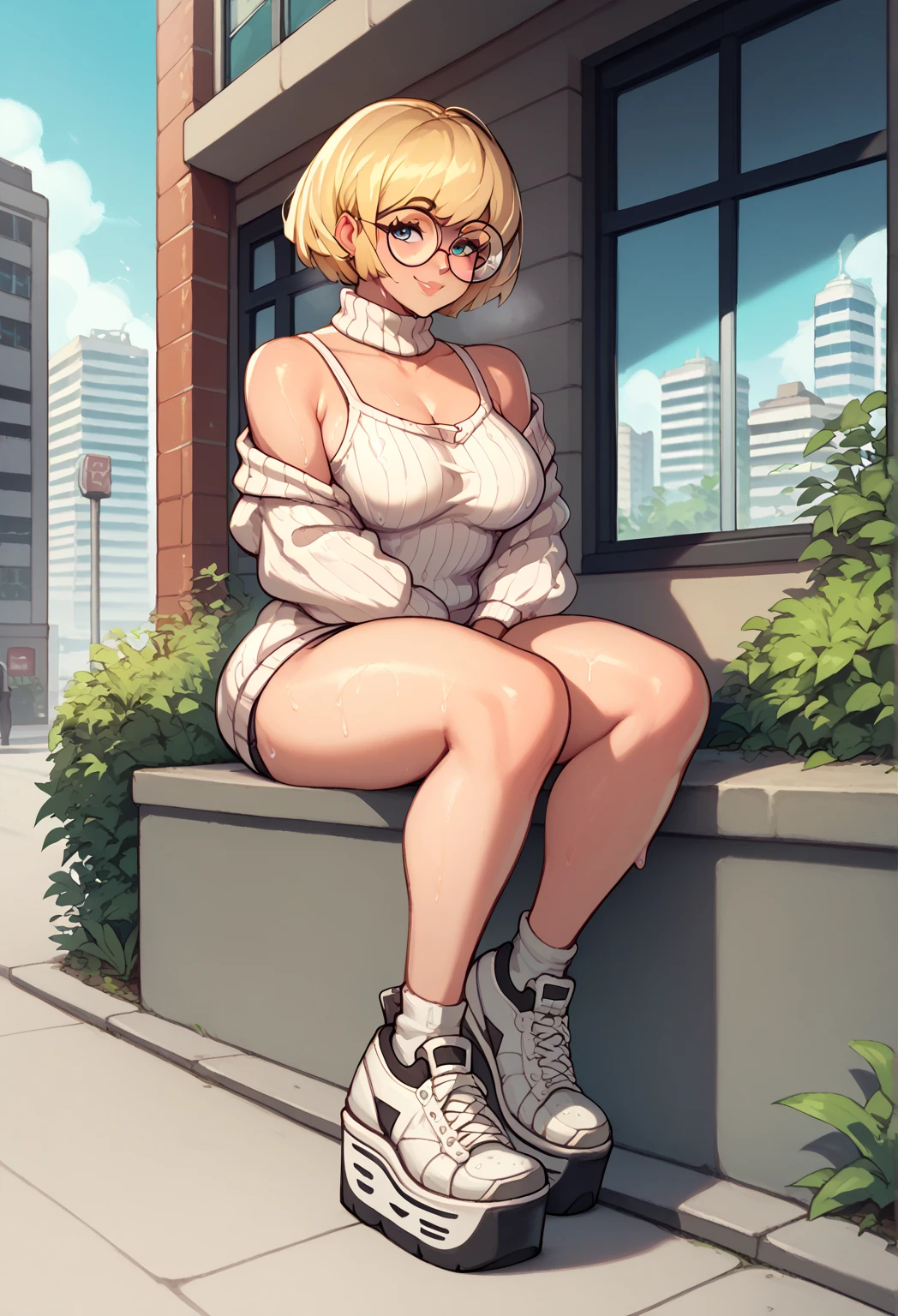 (masterpiece:1.5), very detailed face and eyes, (Photorealsitic:1.2)、 (FULL BODYSHOT:0.5)、ultra-quality、ultra-detailliert、Perfect drawing、animesque、charming anime girls,、beautiful alluring anime woman、Smooth Anime CG Art、独奏、1girl in、Naked Beauty、(jeanne d'arc (Fate Grand Order))、cowboy shot、(From directly below:1.5)、posture with protruding chest,、(standing with her legs wide open)、(Opening legs:1.5)、((middlebreast:2.0))、(((Tops:White tank top)))、((Bottoms:Dark blue boomerang pants))、thin cloth、bare-legged、(No panties 、No bra)、embarassed expression、Blue eyes、Moisturized eyes、red blush、Light from the front、Right ahead、clearface、The pubic area is clearly visible、((Areola showing through))、((Sweat))、(((Wet)))、slender、((a blond))、Sexy face、Open mouth、((Layered Hair Style、Medium Breath:1.2))、(short-hair)、The angle of movement、Sense of speed、lumnious、(deep in the night)、Skyscrapers、(in poolside)、On the roof of the school building、Poses to show off、(sunny sky)、Accurate drawing、meticulous drawing、Beautiful background、Urban cityscape、Motion blur effect