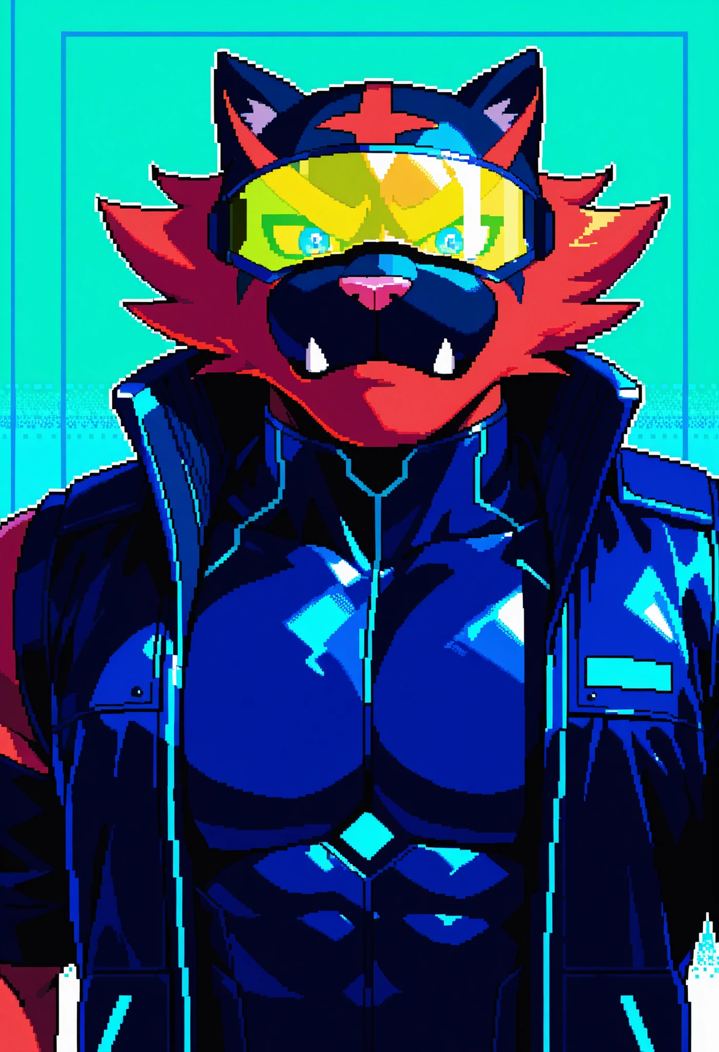 pixel art, digital oil pastel on canvas, animal, furry, upper body of a cyberpunk raven dressed in black techwear jacket, eye visor