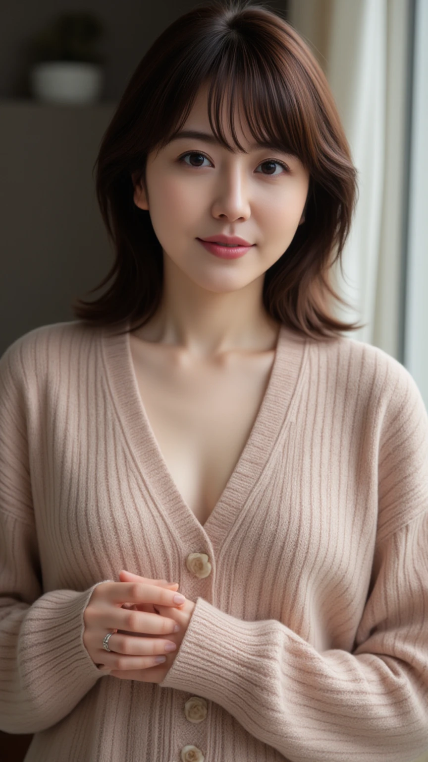 8k, highest quality, masterpiece, Realistic, Realistic, Very detailed, Natural light, Shapely large breasts, Her cleavage is visible, 1 Japanese female, 45 years old, Black Hair, short hair, Straight hair, (Look up at the viewer from below), Pale orange light knit V-neck shirt, Very detailedな顔と肌, Very detailedな目, Very detailedな顔と肌,Bright smile