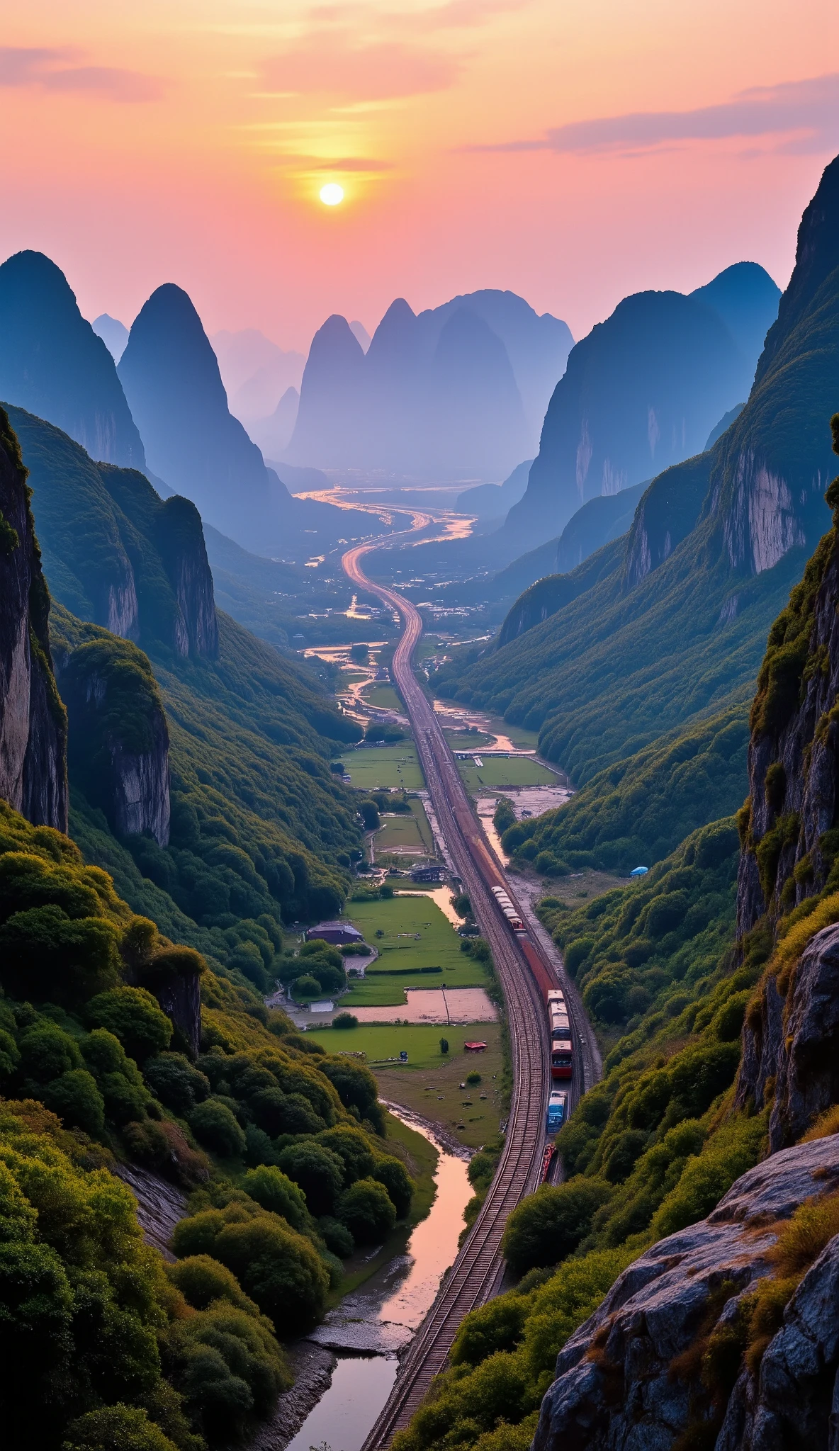 ultra high resolution),(World Heritage Site with the best views),8k,colors of the sunrise and trains、There are a number of rocky mountains that rise like white limestone towers behind the countryside、Guilin、（View from the countryside）、The rural landscape is amazing,,It feels like art。