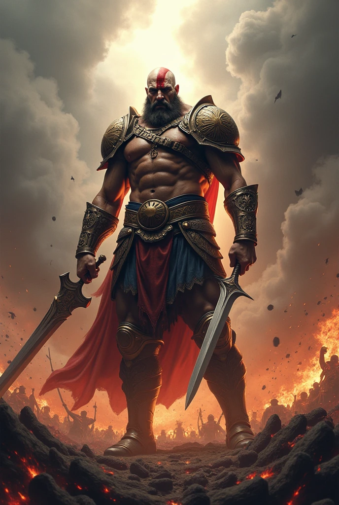 A powerful and realistic Movie poster with the title "THE GOD OF WAR" images and title must be bold and visible.