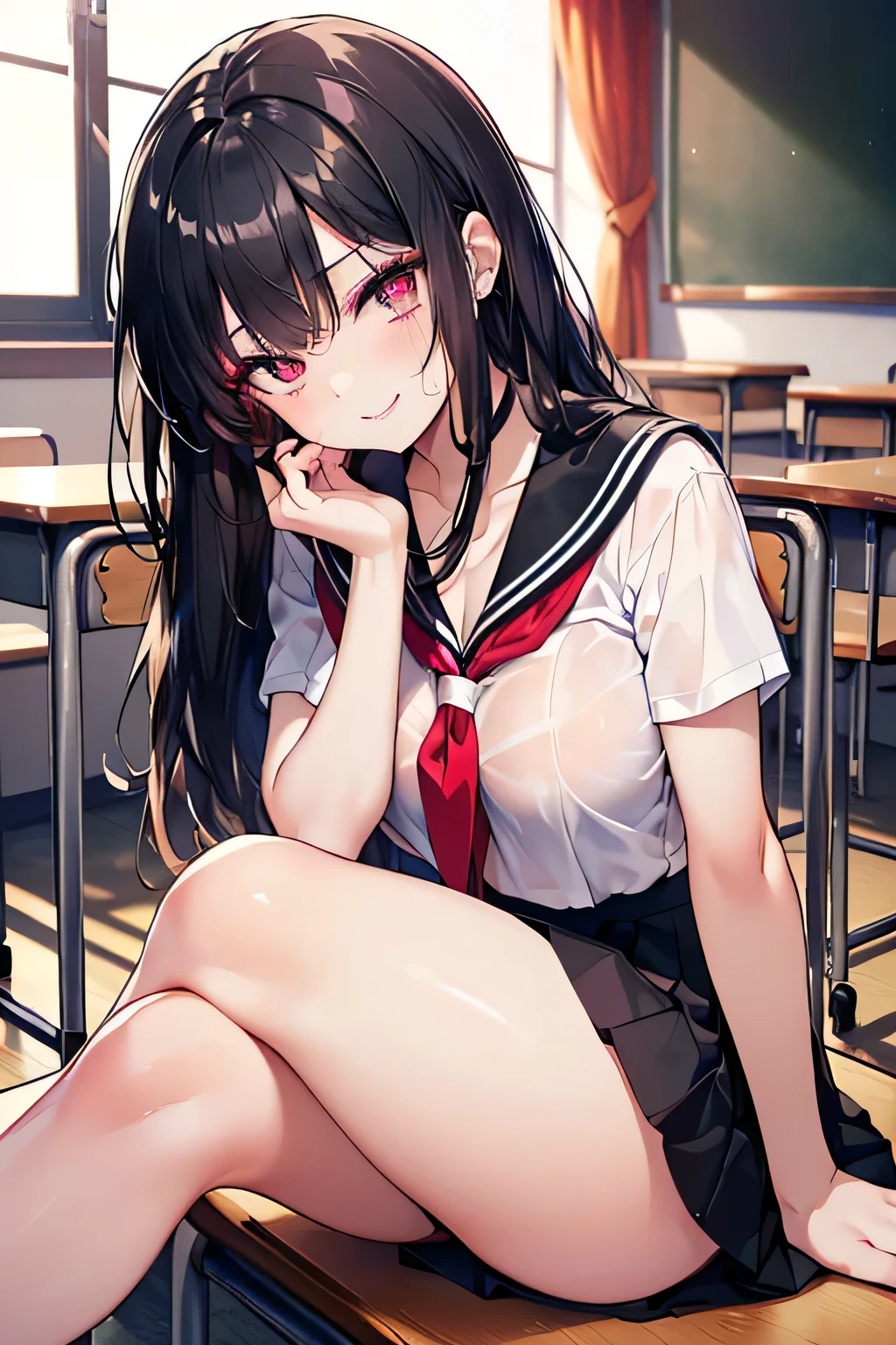 ((nsfw)), 1women,black_hair and eyes, ((peeing)),{"women is {{{peeing}}},{{pail full filled with yellow_transparent pee}}"},{{fusion of pussy and pee}}}, {"pee falling into pail"}, {{"pail under pussy and chair "}}, [[["pussy_juice_drip"]]],((Top quality)), ((Masterpiece)), ((Ultra precision)), ((Ultra detailed illustration)),((pail)), pussy juice,solo, {{{{from front}}}},{{"yellow_urination"}},((sitting on the chair)),nsfw, pussy, skirt, school_uniform, classroom,8K,