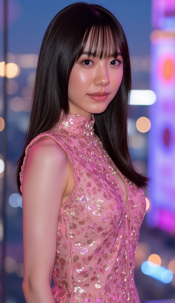 /imagine prompt: Visualize a mesmerizing woman in a vibrant, magenta silk blouse with a plunging neckline, her ample bosom showcased, her skin glowing with a soft, ethereal radiance, aged between 25 to 30, her brown eyes sparkling with allure, posing seductively against a backdrop of a bustling city street at night, --ar 16:9 --v 5