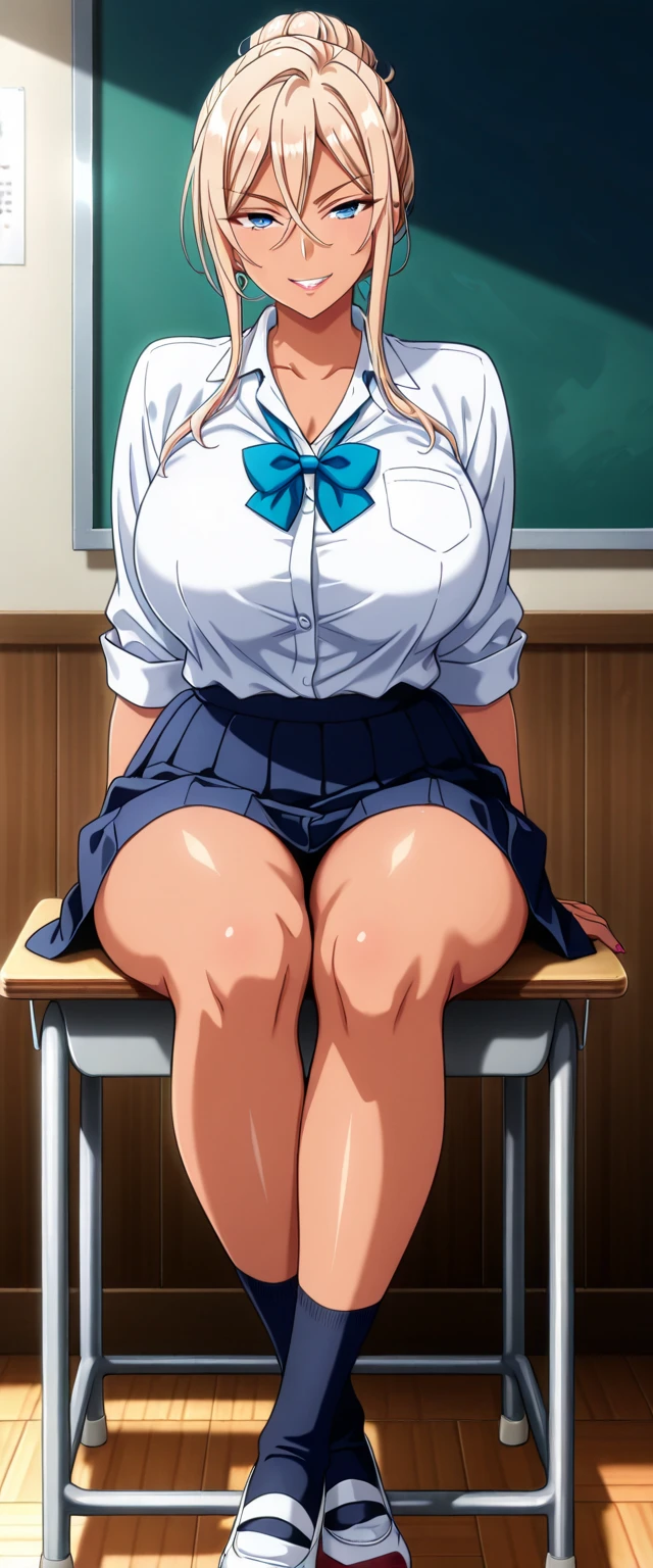 Kei Kishimoto, brown hair, cut hair, brown eyes, white shirt, medium breasts, cleavage, blue skirt, white underwear, thighs, short socks, brown shoes, sitting on chair, Pinup, thigh tease, close up, holding breasts, looking at viewer