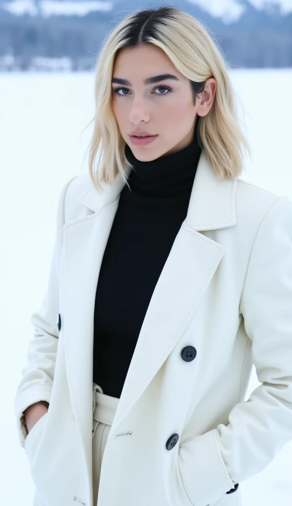woman pretty, blonde, slicked back bun hair, blonde hair , big breast, sexy, pale skin , ((wearing black turtleneck dress with white jacket )) , doctor woman , eyeliner ,white skin,foxy eyeliner , makeup ,pale woman painting, beautiful light, elegant, digital painting, smooth, dramatic lighting , 8k, art , black background,black background, black wallpaper