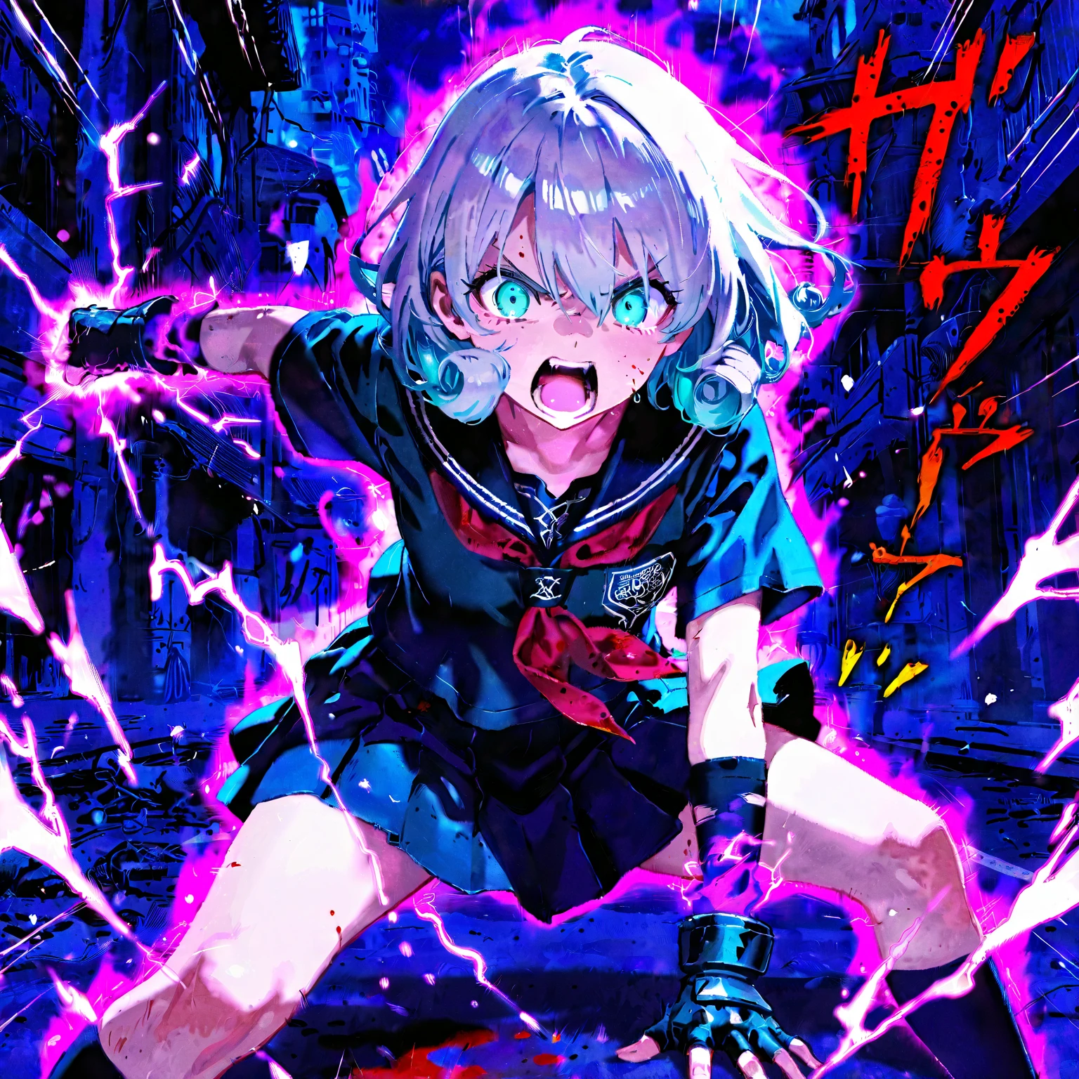 masterpiece, best quality,
1girl, solo, (motion lines:1.1), bloom, cinematic lighting, full body, white hair, yellow eyes, intricate skirt, (fighting:1.2), angry, (thunder:1.3), (flying sparks), dynamic angle