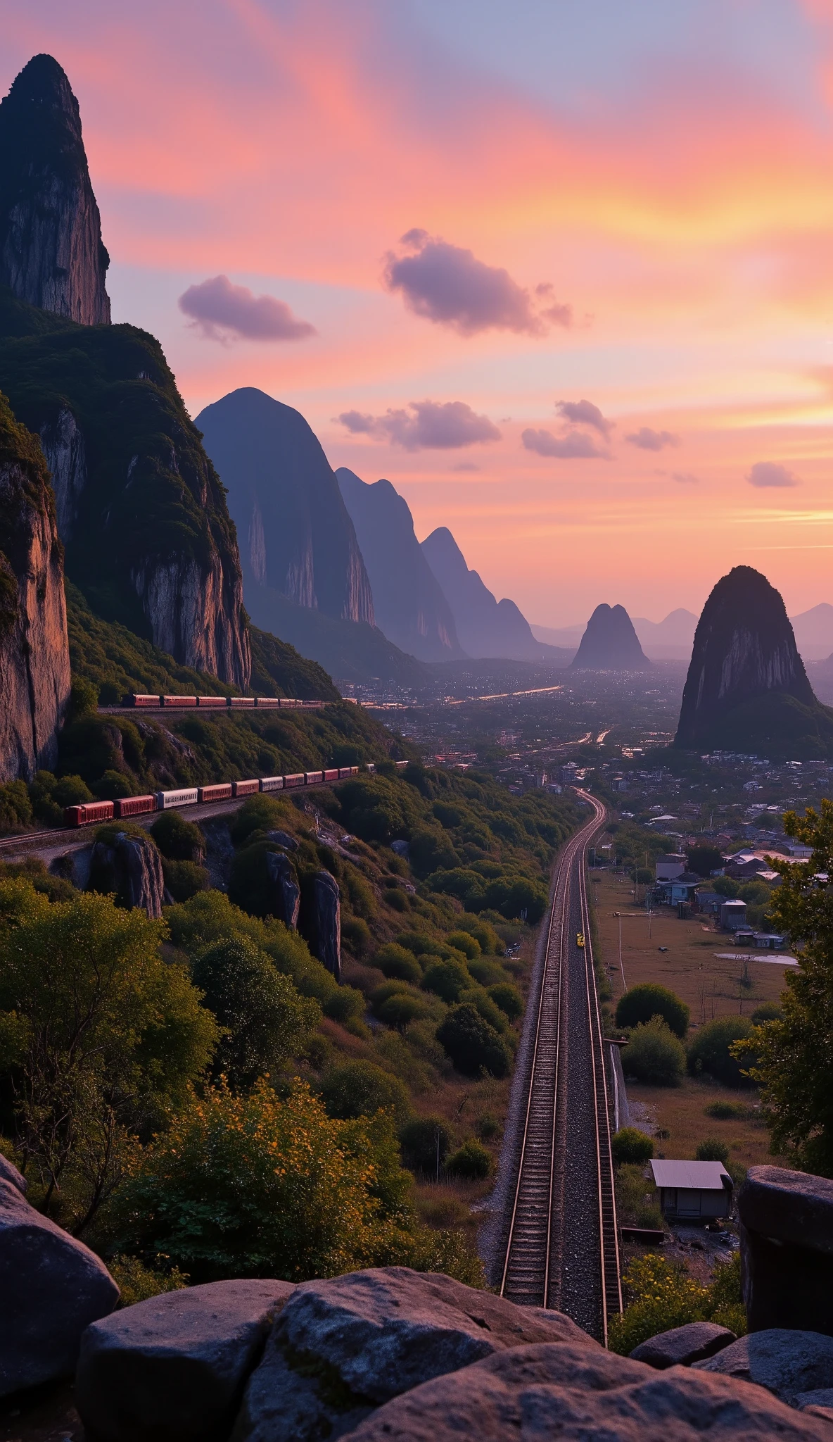 ultra high resolution),(World Heritage Site with the best views),8k,colors of the sunrise and trains、There are a number of rocky mountains that rise like white limestone towers behind the countryside、Guilin、（View from the countryside）、The rural landscape is amazing,,It feels like art。