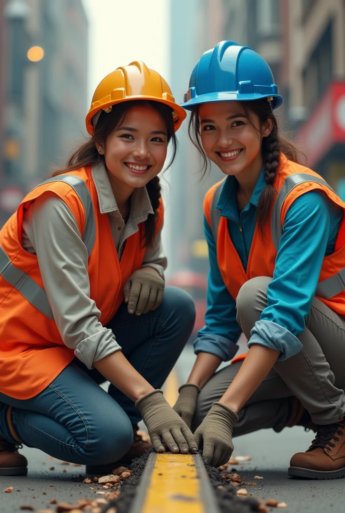 A 20-year-old girl with a very cute face like an idol.、Gentle and cute、A kind smile、Building construction site、Several workers、Sit together and take a break、Yellow Helmet、Work clothes、Cleavage、She is in underwear、She is in underwear、Around her3People workers are sitting、whole body、RAW Photos、Genuine、Genuine、High resolution、Genuine Life