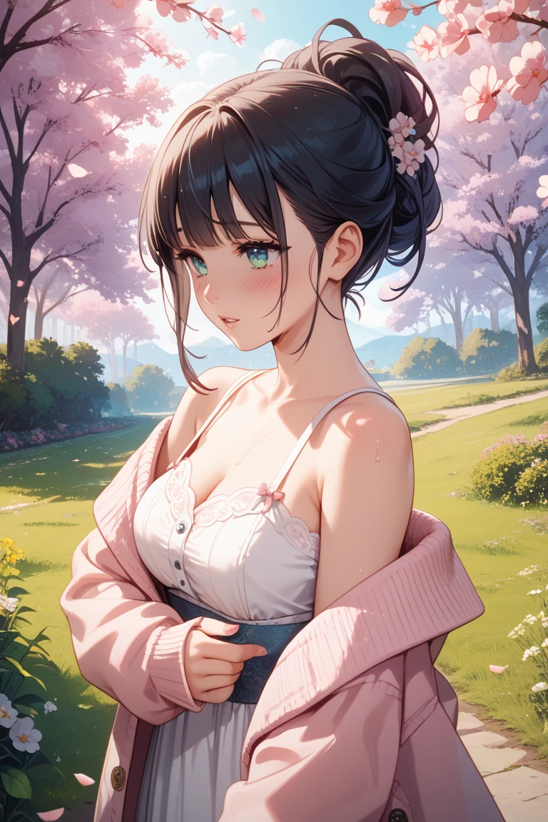 (High quality, High resolution, Fine details), (Plum Blossom Tree:1.2), White Simple Dress, solo, curvy women, sparkling eyes, (Detailed eyes:1.2), smile, blush, Sweat, Oily skin, shallow depth of field, fantastic, Bokeh, Soft Tones