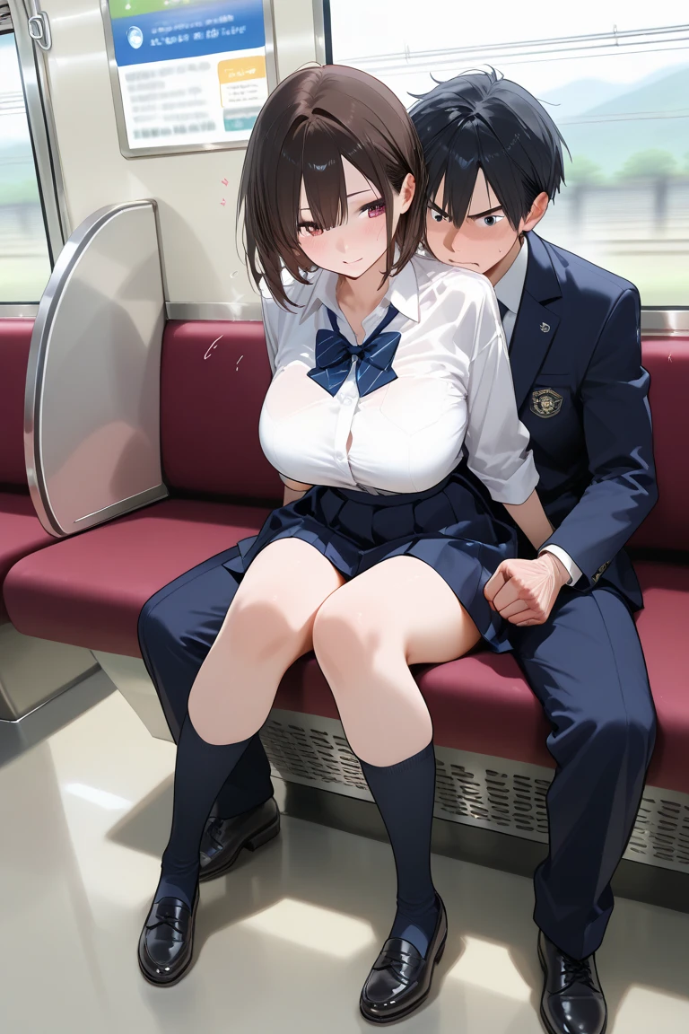 A man and a woman are embracing each other from the front and having sex,High ,Large Breasts,Nipples,No panties,Beautiful feet,Sweat,Train floor,Excited expression,blush,Man in business suit