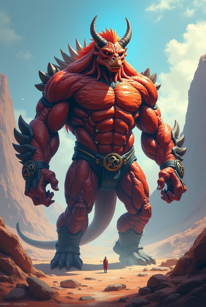 solo, breath (ultra detailed), a beautiful and detailed full size portrait of a male anthro batzz, demon lord dragon batzz, dragon tail, green eyes, glowing eyes, black body, black skin, long hair, red hair, horns, scar, tail, bedroom eyes, detailed eyes, big body, sexy body, (wide body). goddess, kenket, Ross Tran,ruan jia, trending on artstation,foxovh, cenematic lighting, front view, buff, big pecs, muscular anthro, spike arms, strong legs, ((big pecs, nipples, big pecs, brown loincloth, bulge))), day, wet, front view, walking, arms behind head, seductive, ruins, sweating, open mouth,penis, angry
