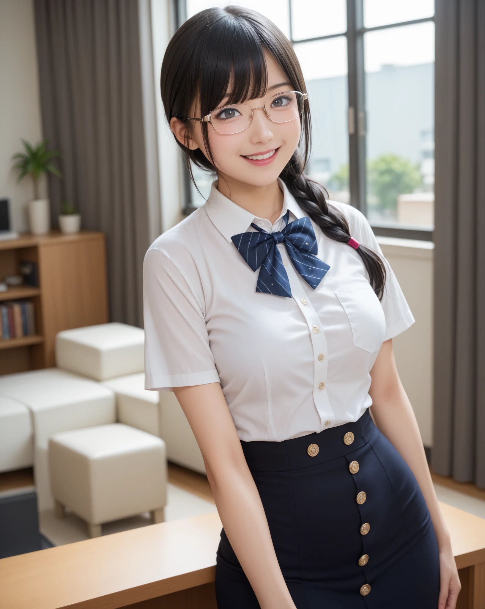(in 8K、Raw photography、top-quality、masterpiece:1.2),watching at viewers,Looking at the front,Tie a side ponytail、Hang your hair on your chest.,Bullish,Muchimuchi,Erotic,Pupils,Light Blue Bra,de pele branca,kne,absurderes,a small face,small tits,flat breast,Parting the bangs from the middle、Forehead visible,(A smile,Tight eyes,skinny,Rasping)、masterpiece,top-quality、超A high resolution,Raw photo,ren,Beautiful fece,One Person, 独奏,eye glass,,Dark look,Small breasts,fullllbody,Round glasses、cute little、Back to Student,JK school uniform,hi-school girl,Korean Idol,is standing,(Photorealsitic:1.37)、Photon mapping,Realistic、Cute little face,Brown-eyed、Black socks、(Red bow tie)、Radio City、Physically Based Rendering、Foreground、depth of fields、Blurry background、a picture,The girls、Body,beauty legs, Long legs, Thin leg,Tie your hair into one strand on your chest,(Bangs are visible), hair, s lips, Blue_The eye, nosesoft,(Light blue shirt), (Plaid pleated skirt), Knees are visible,Sheer clothing,, Thigh, Black cotton socks,Nogizaka Idol, 女優, sit down and open legs、Exposed underwear