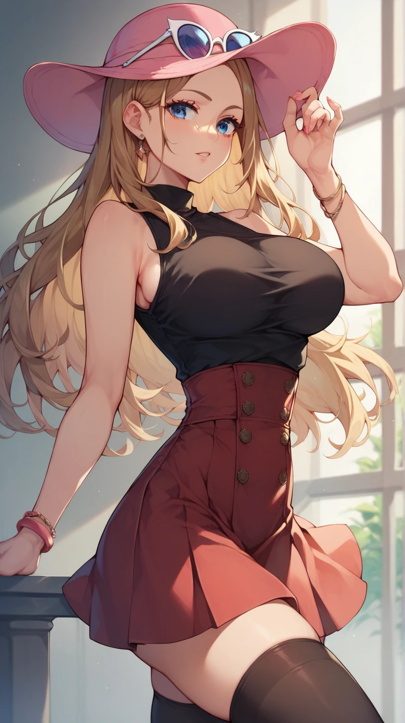 busty, ((one girl)), blonde curly hair, teal siren eyes, ((tanned skin)), smirk, grin, green/white sweater, very large breasts, thin waist, wide hips, thick thighs, best quality, masterpiece, ultra-detailed, illustration, absurd res, anime, ((white tee, black pleated skirt, black thigh-highs))