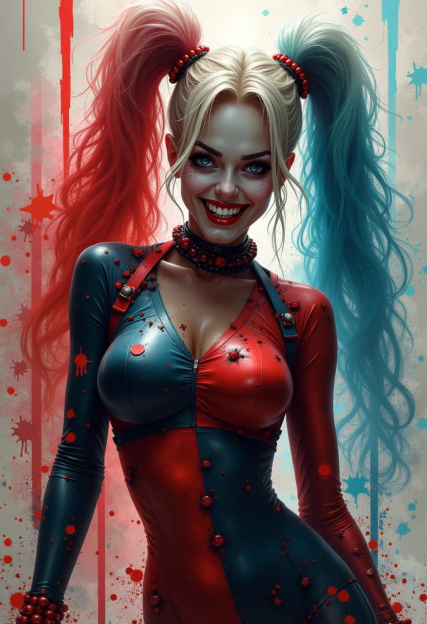 Harley Quinn. White and pink hair. tatuados. Grinning. smudged makeup