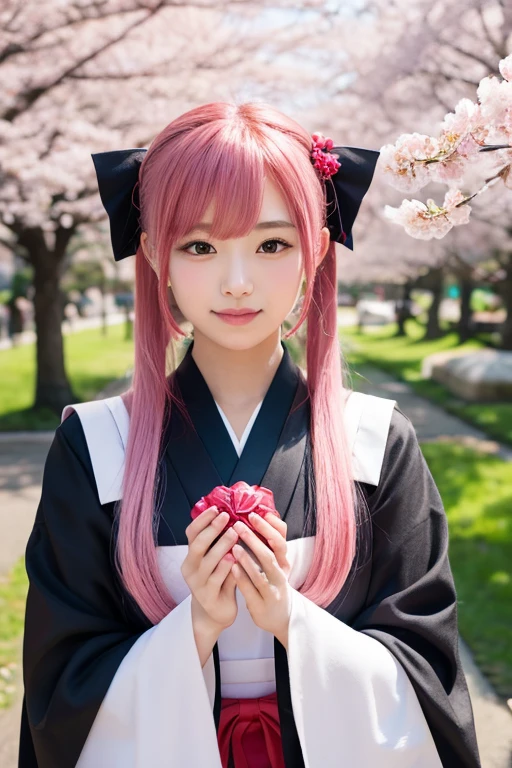 Top quality, super high resolution, photo, cute girl photo, detailed face, (PureErosFace_V1:0.008), 13 years old, pink and straight long twin tails, cat ears of the same color as hair, kimono, summer festival background, no makeup