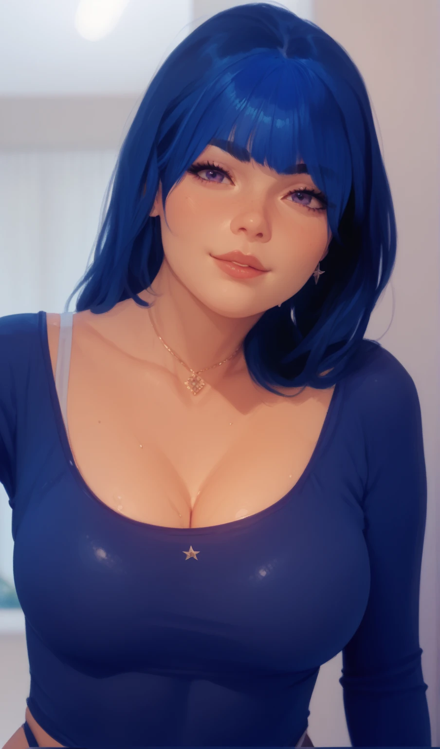1girl, bedroom, messy hair, blue hair, alternative, glam rock hairstyle and clothes, glam rock makeup, smile, blue lipstick, indoors, teeth, big breasts, flannel