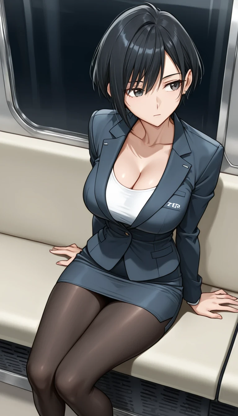 (best quality,masterpiece:1.2,ultra-high resolution,photorealistic:1.37),2D official style cel animation,recruit suit,mini skirt,pencil skirt,tight mini skirt,sitting on a train seat,lace bra,lace panties,nipples,breasts,black straight hair,slender,thin,highlighted eyes