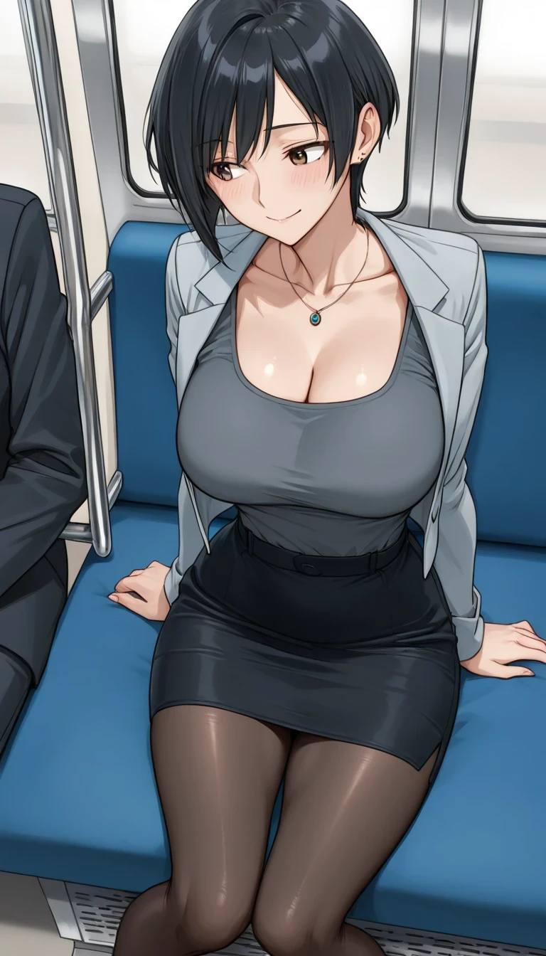 (8k, RAW Photos, highest quality, masterpiece:1.2),1 girl,only,Lady Madura,short hair,Black Hair, old,Neckline,White shirt,Pencil Skirt,Black Pantyhose,Looking at the audience、blush, Drunk、teacher、evening、in the train
