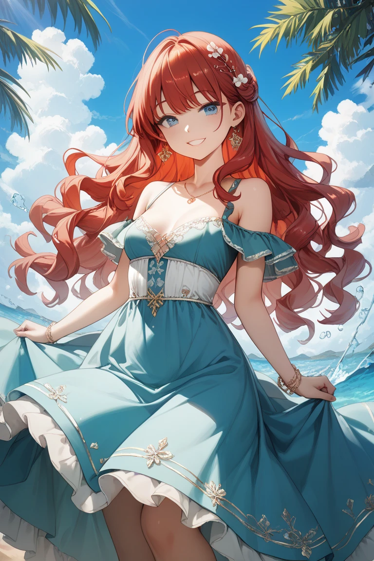 <lyco:gbfsara:0.75>gbfsara, strapless dress, green cape,
upper body,looking at viewer,(smile:1.2), open mouth,standing, skirt lift, curtsey,
desert, sand castle,blue sky