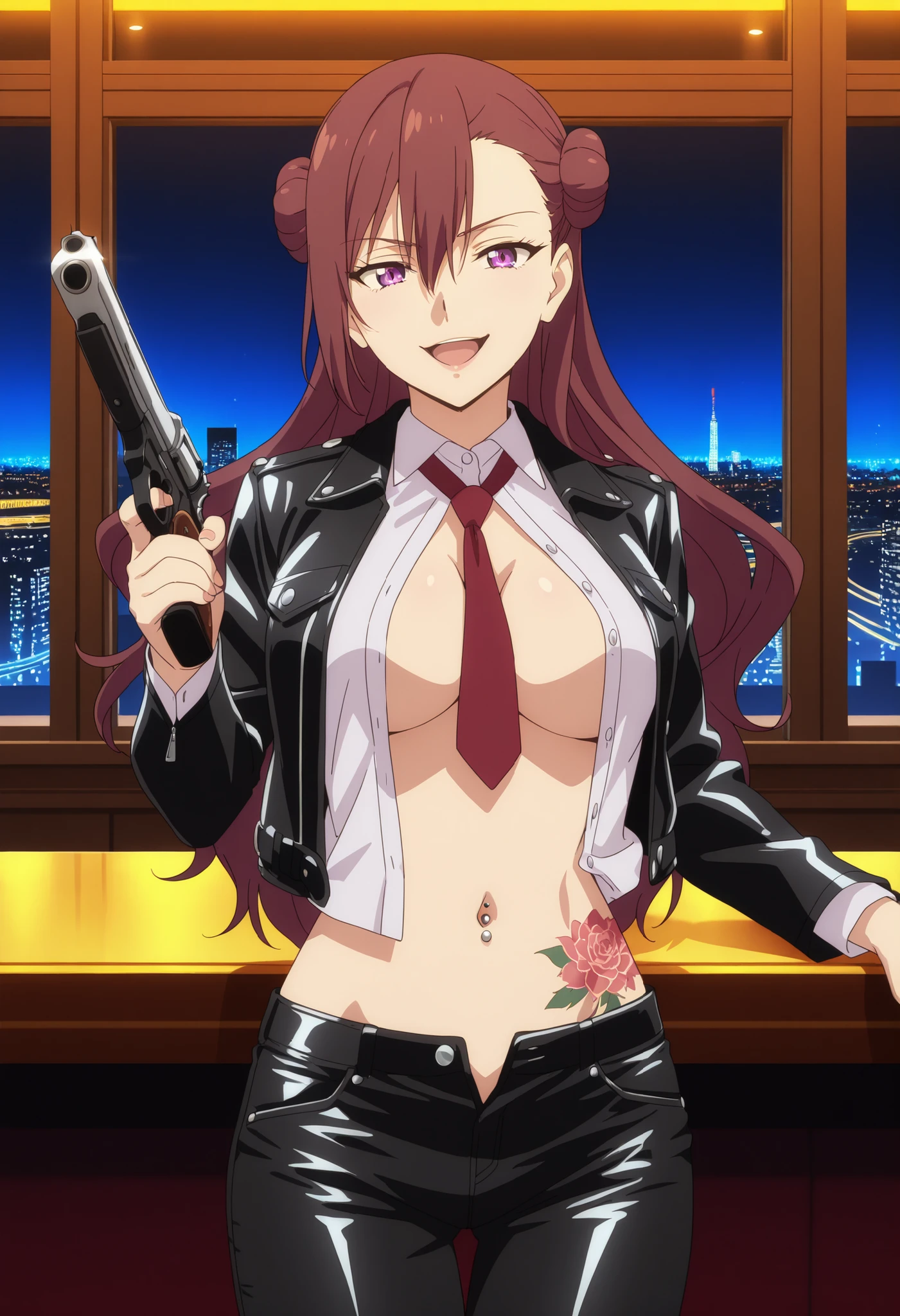 satomisni, long hair,brown hair,hair bun, purple eyes,hair between eyes,bangs,
,,red tie,, medium large breast , , looking at viewer, bar background, inside bar,indoors, cityscape, casino, nightclub, city lights, masterpiece, best quality, highly detailed, a girls with a gun, evil smile , open mouth, sexy gaze, badass pose , evil smile, smile, (nsfw) not safe for work, guns blazing, anime girl with long hair, beautiful long haired girl, navel, evil expression, exposed belly, exposed navel, exposed midriff, exposed lower belly, long black pants, cleavage, unbuttoned leather pants ,open fly, low rise black leather pants, leather jacket, holding a gun, holding pistol, navel piercing , ,unbuttoned shirt, collared shirt, knot ,dragon tattoo on waist, narrowed eyes, tattoo on waist,,,,, anipai_style , anime screencap , anime coloring,