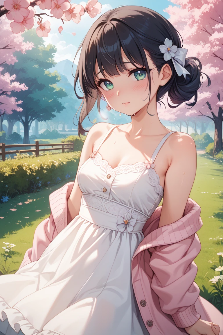 best quality, masterpiece, solo, 1 Female、Age 25、Larger breasts、(Cleavage)、(Slender figure)、sheer white dress、From the side、Poses that emphasize the chest、(White highlight in pupil:1.2)、Dark reddish brown eyes、(Black-haired:1.2)、(Shortcuts)、(View your viewers:1.2)、White skin、(blush)、(Embarrassed expression)、(I blur the background a lot to make the woman stand out.:1.3)、(The sunlight shines in)、(Beautiful flowers in the background)
