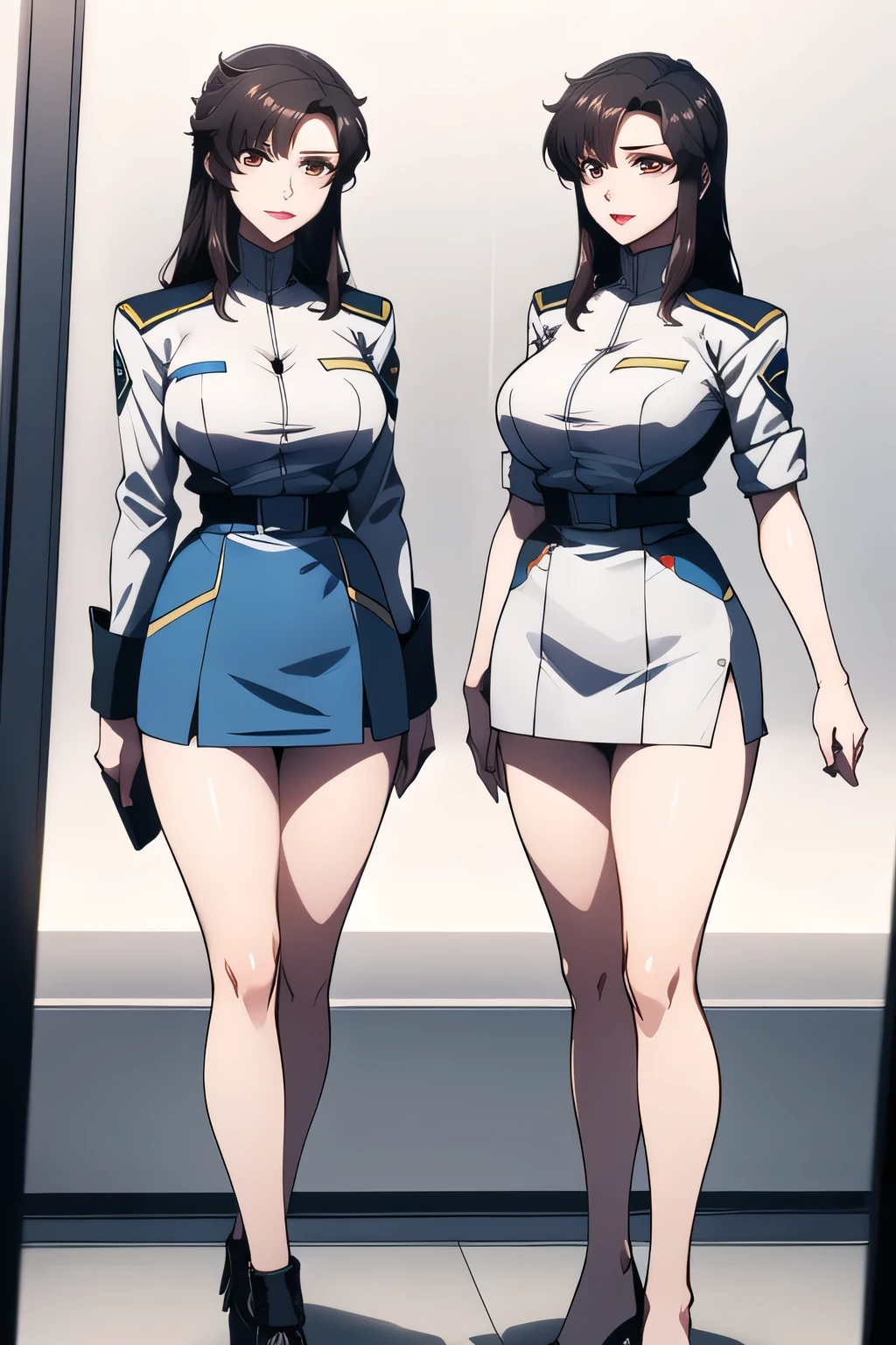 4 girls,Break_chart,(Looking at the audience:0.8),(Jumpsuit:1.2), from the side,Simple background, (Large Breasts:1.2),(((Cleavage)))White background,, best quality ,masterpiece,