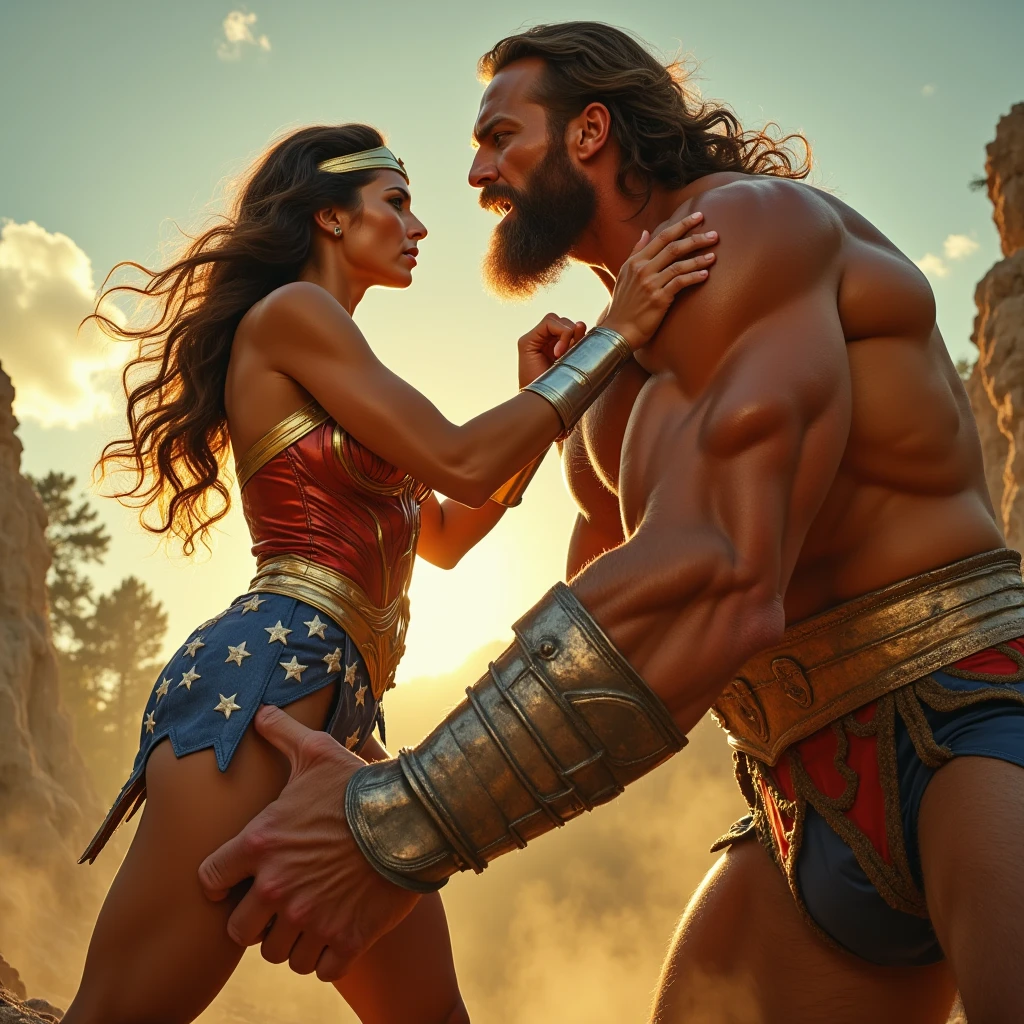 She-ra lifting a large man high above her head with her strong arms. Photorealistic. Wide angle. City skyline in the background.