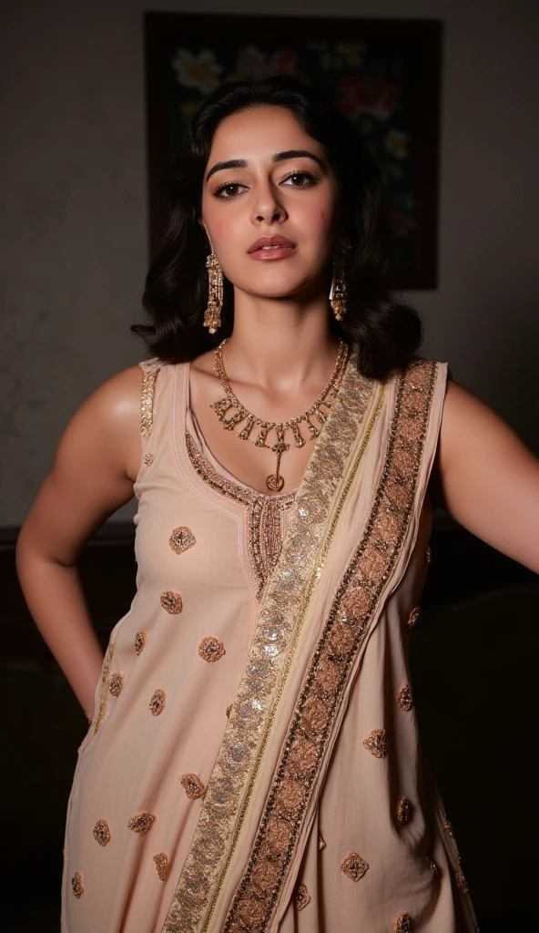 Create an extremely sexy portrait photo of celebrity, woman, Nayanthara, a 40-year-old hot MILF, celebrity actress. This photorealistic upper body portrait should feature she as a curvy, busty woman with swooping breasts and deep cleavage. She has extremely sexy dark juicie armpits , Her  figure is emphasized, with her arms open to reveal sexy armpits. She wears a necklace and is situated beside a temple in a forest, stripping off a shiny black mini-wear outfit. Her hair is styled in a ponytail. The image should showcase an insanely detailed, realistic skin texture, capturing every nuance of her allure (insanely detailed skin texture, detailed face)