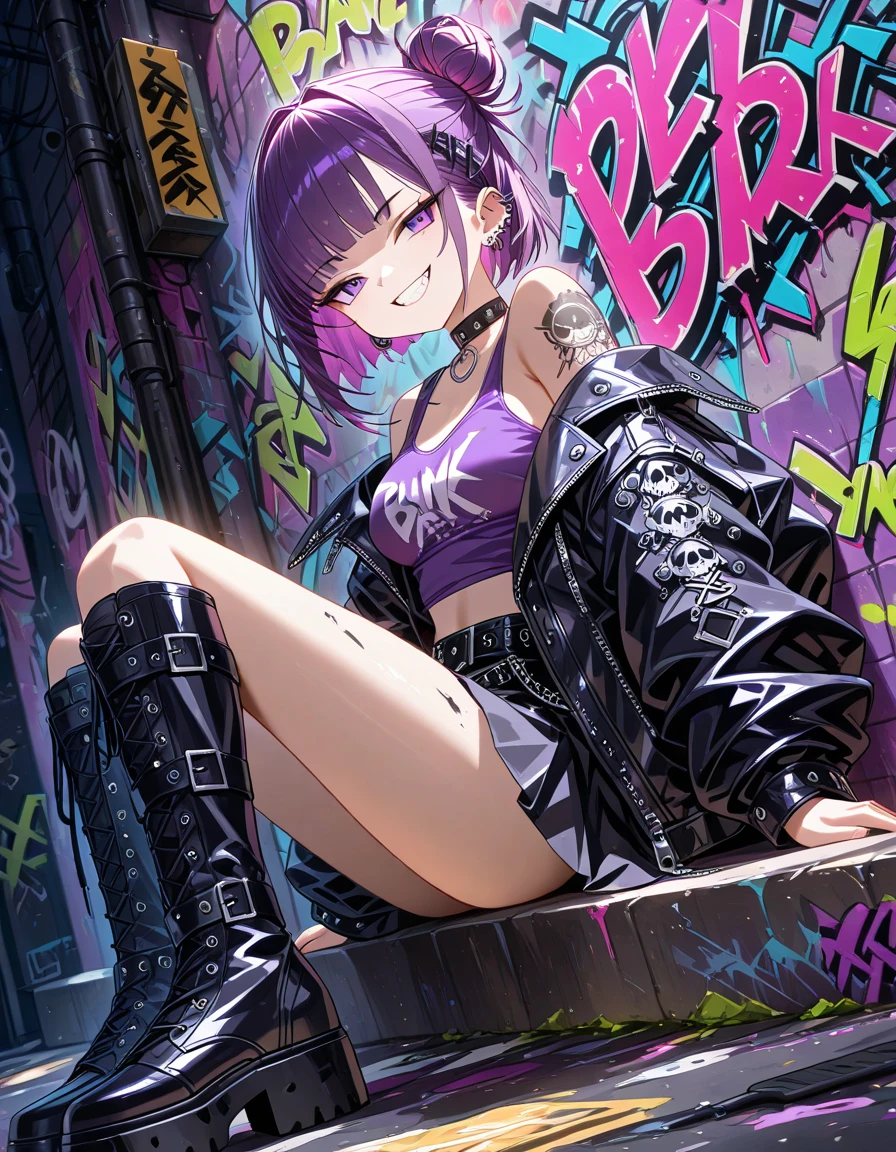 girl in gray shirt with a white and red print of a wolf, ripped jean short shorts, black jacket, black military style boot shoes, light dark skin, a black choker on her neck, strong purple eyes, a cross earring, purple lipstick, a purple snake tattoo on his wrist