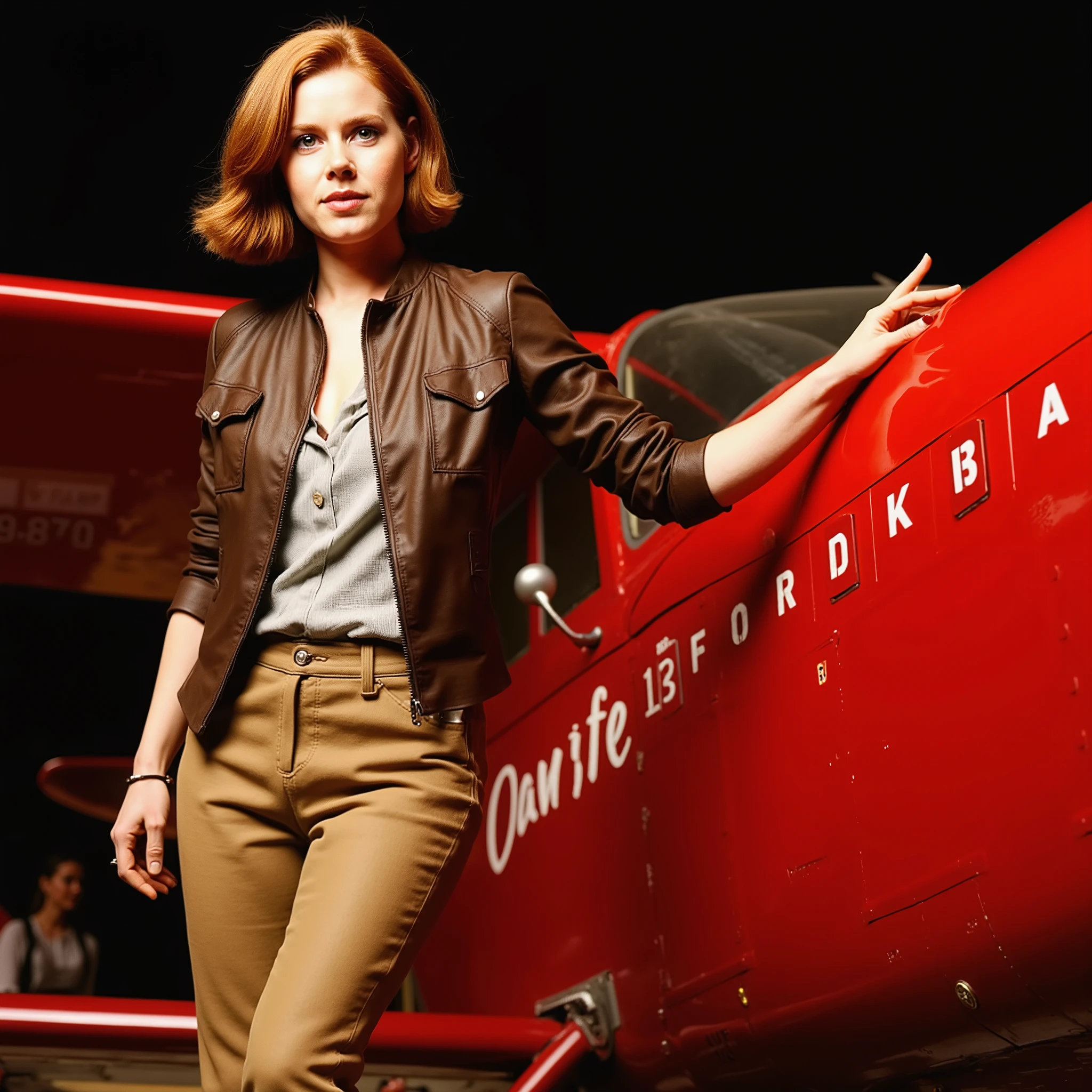 Amy　Adams　perm bob short hair　Amy Adams photographed in front of a red airplane　brown leather jacket　beige leather pants　leather boots　full body 夜景　Put your hand on the plane